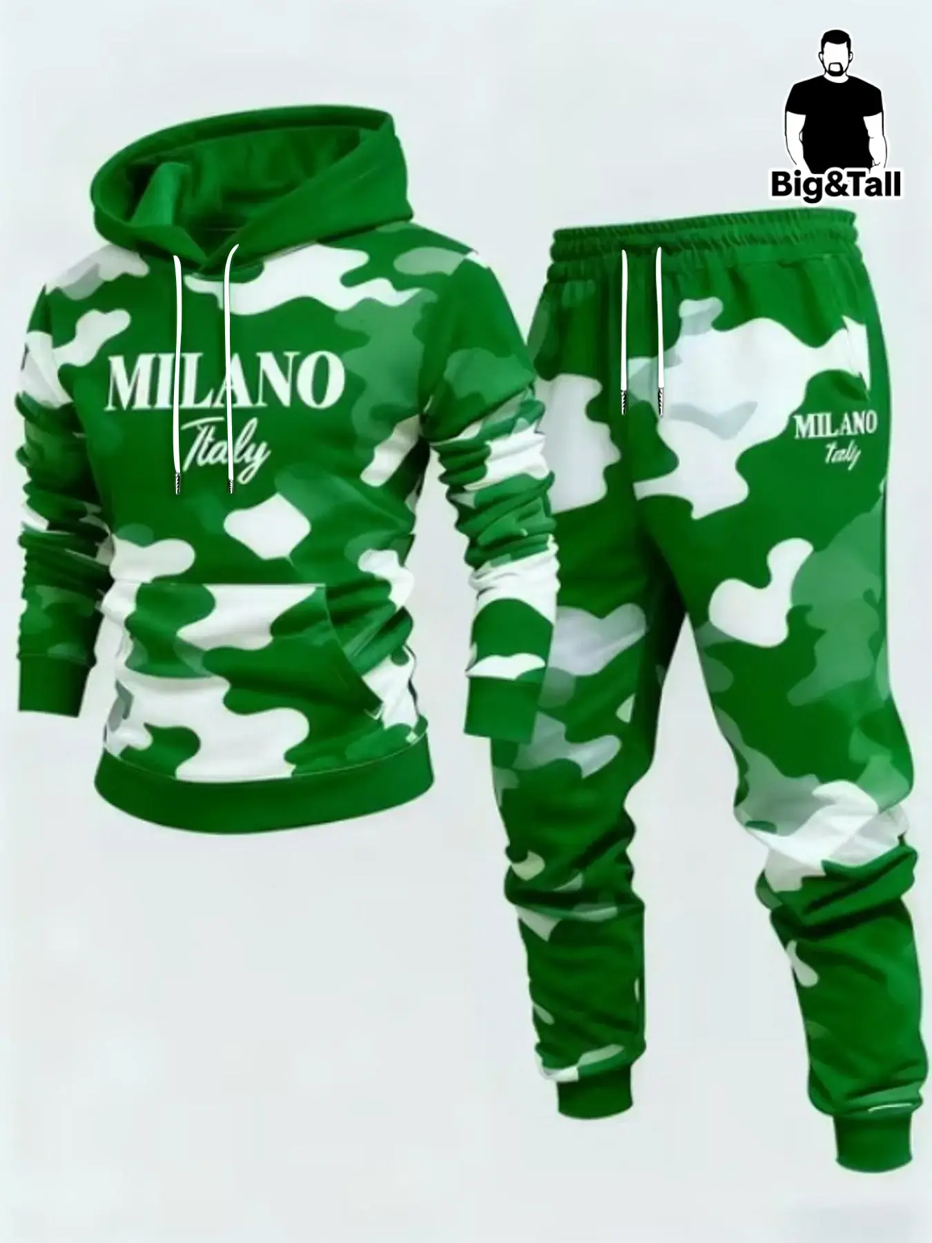 Men's Plus Size Camouflage Milan English Set Hoodie Sweatpants, High Stretch Breathable Casual Daily Commute Outdoor Versatile Two-Piece Set
