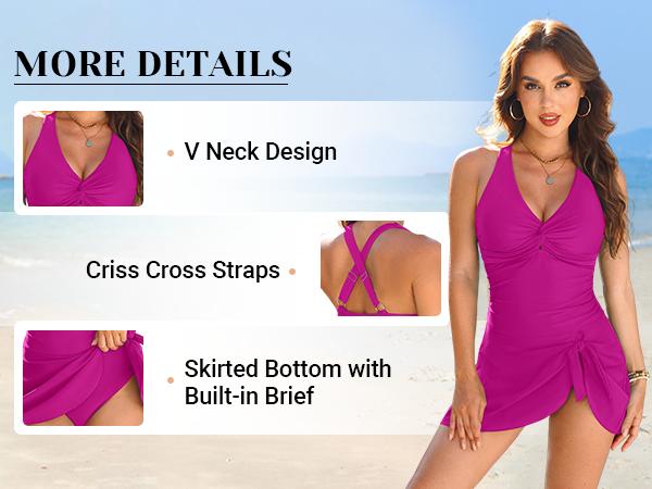 Tempt Me Women One Piece Swimdress - Tummy Control Swimsuit with Skirt Twist Front Bathing Suits Swimwear