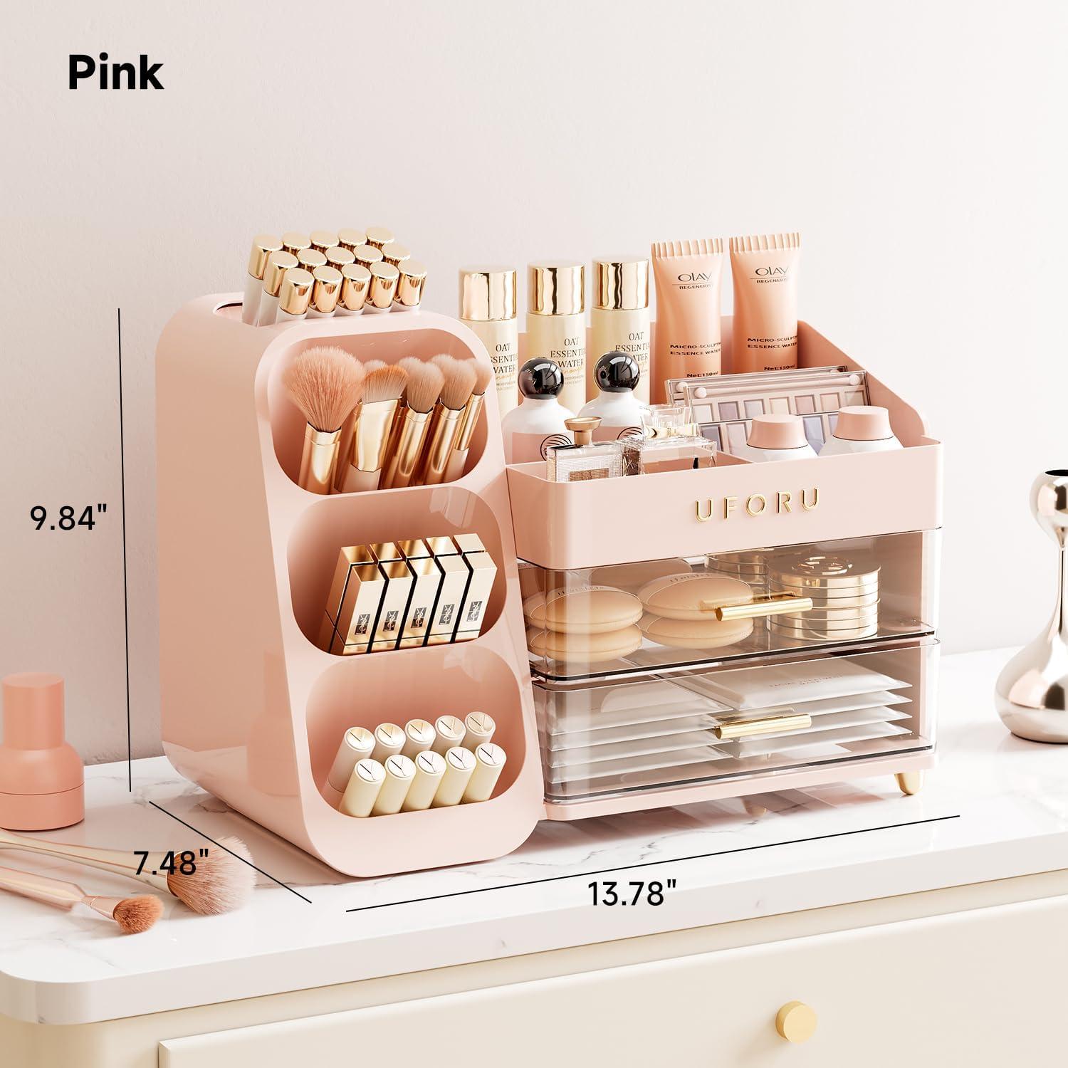 UFORU Large Capacity Makeup Storage Box, Multi-functional Makeup Brush Lipstick Eyebrow PencilPocket Mirror Storage Box, Desktop MakeupOrganizer for Home & Travel, Makeup Box,Cosmetics Organizer Storage, Accessory Drawer, Gift, jewelry organizer