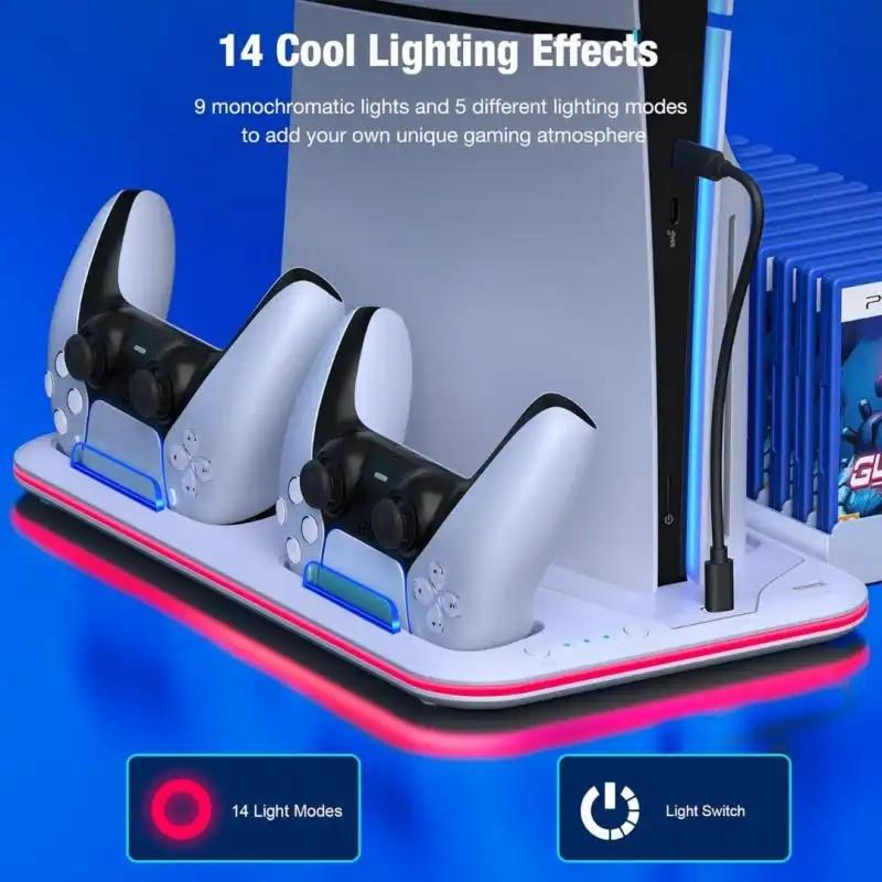 PS5 Stand with Cooling Station and Controller Charging Station for PlayStation 5 Slim Console, PS5 Controller Charger, Cooling Stand, Dynamic Light, Headset Holder for PlayStation 5 Accessories, White