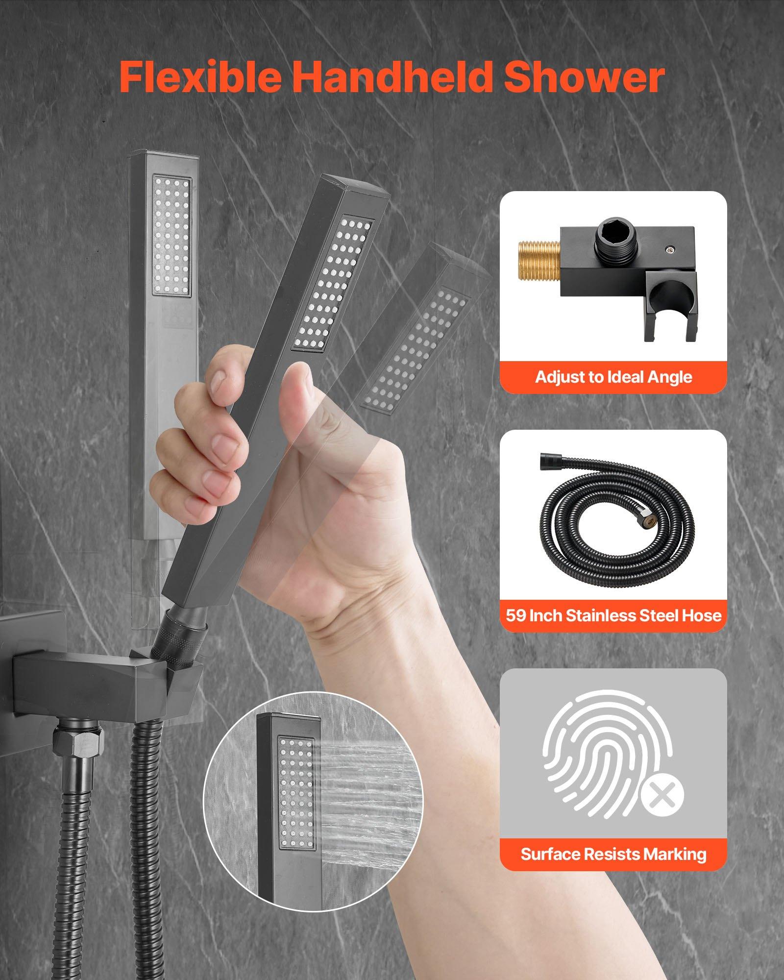 VEVOR Shower Faucet Set, Rainfall Bathroom Shower System with 10-Inch Square Rain Shower Head and Handheld Spray, Ceiling Mount Bath Fixtures with Brass Valve and Trim Kit, Matte Black
