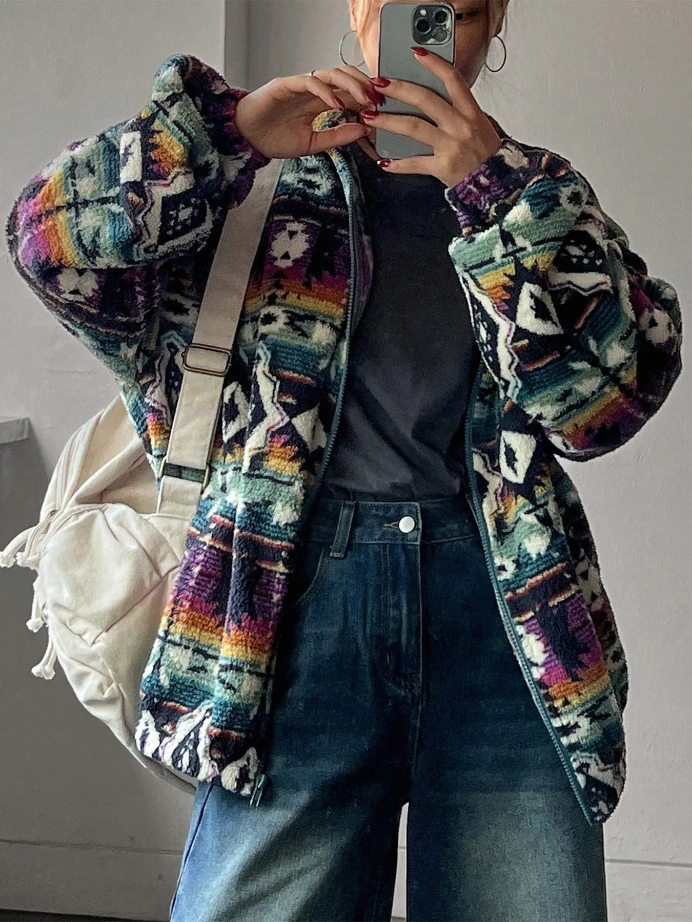 Women's Aztec Tribal Ethnic Print Fleece Zipper Jacket, Y2K Boho Style Loose Fur Coat, Trendy Fall Winter Streetwear Fashion