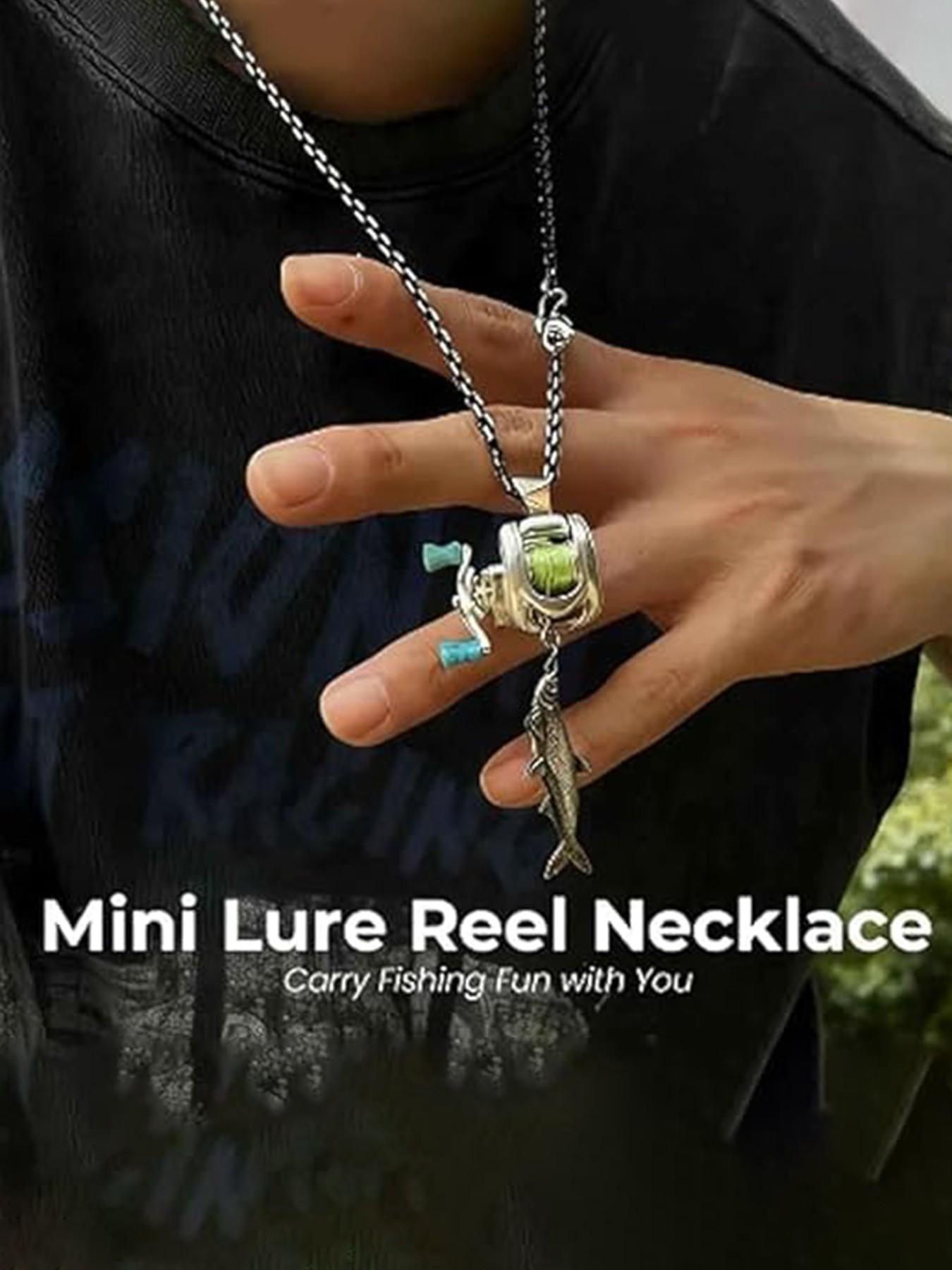 Miniature fishing reel necklace, Charms necklace with rotating handle and movable line guide ring, spinning reel fishing gear keychain, portable pendant, perfect for fishing enthusiast