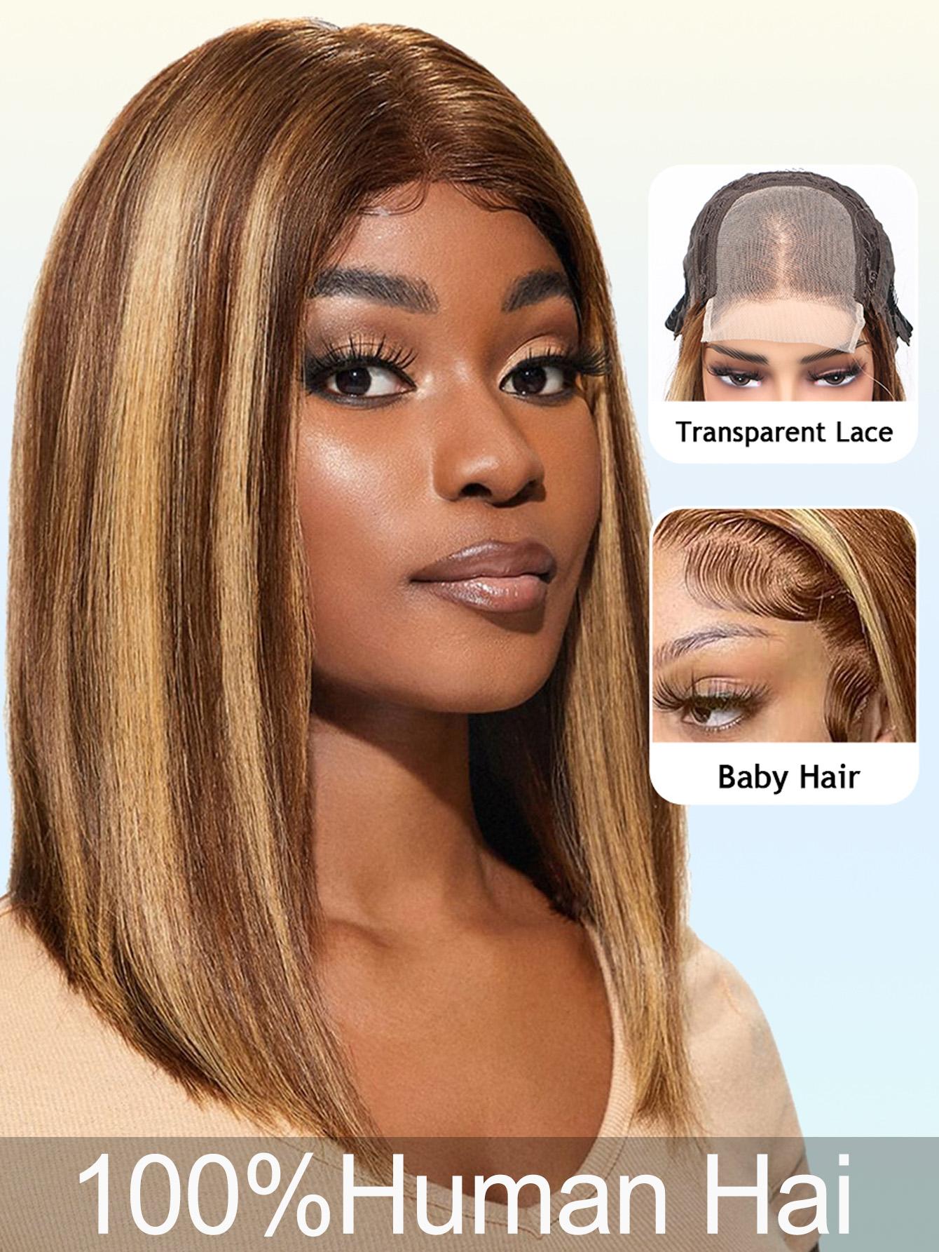 4x4 Straight Lace Closure Human Hair Wig, 10-16 Inch Short Bob, Transparent Lace Part, Natural, Pre-Pulled Hairline, Multiple Colors Available