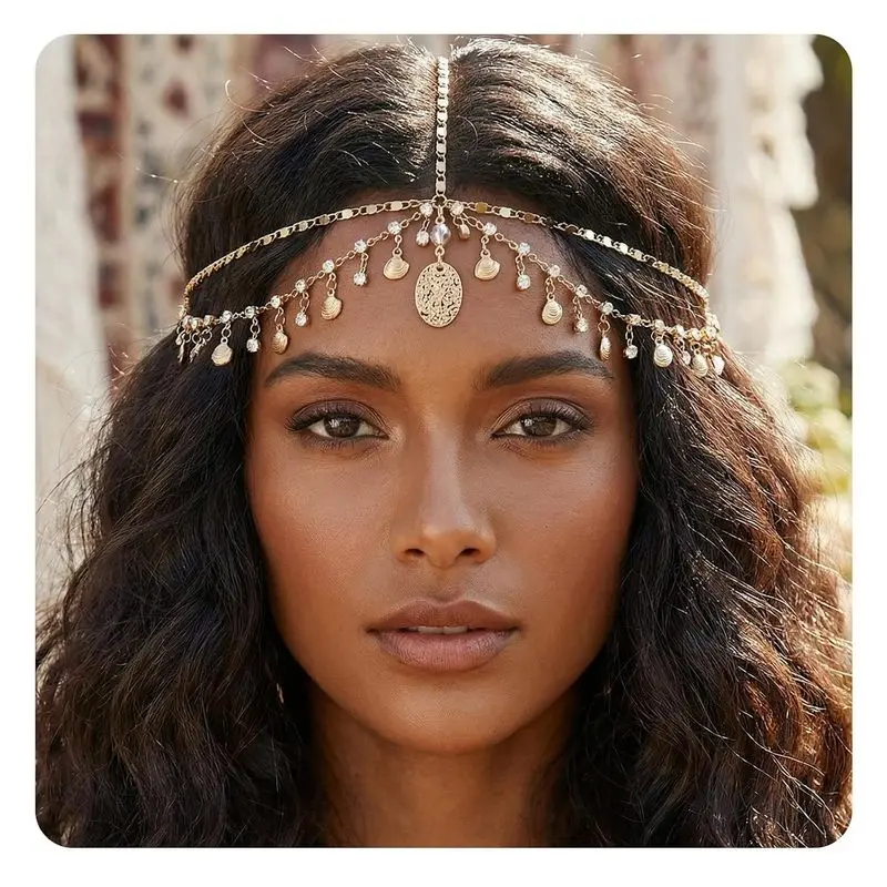 Gold shell rhinestone Egyptian headpiece, gold elf headpiece, suitable for women, girls, goddesses, bohemian style Egyptian hair accessory, suitable for festivals, parties, weddings