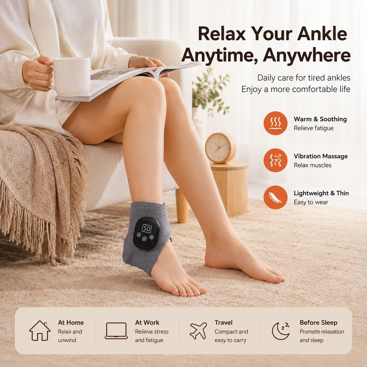 Wireless Heated Ankle Massager, Rechargeable Foot Heating Pad for Pain Relief, Portable Foot Massage for Neuropathy Plantar Fasciitis, 5 Heat Levels, 3 Vibration Modes, Auto Shut off