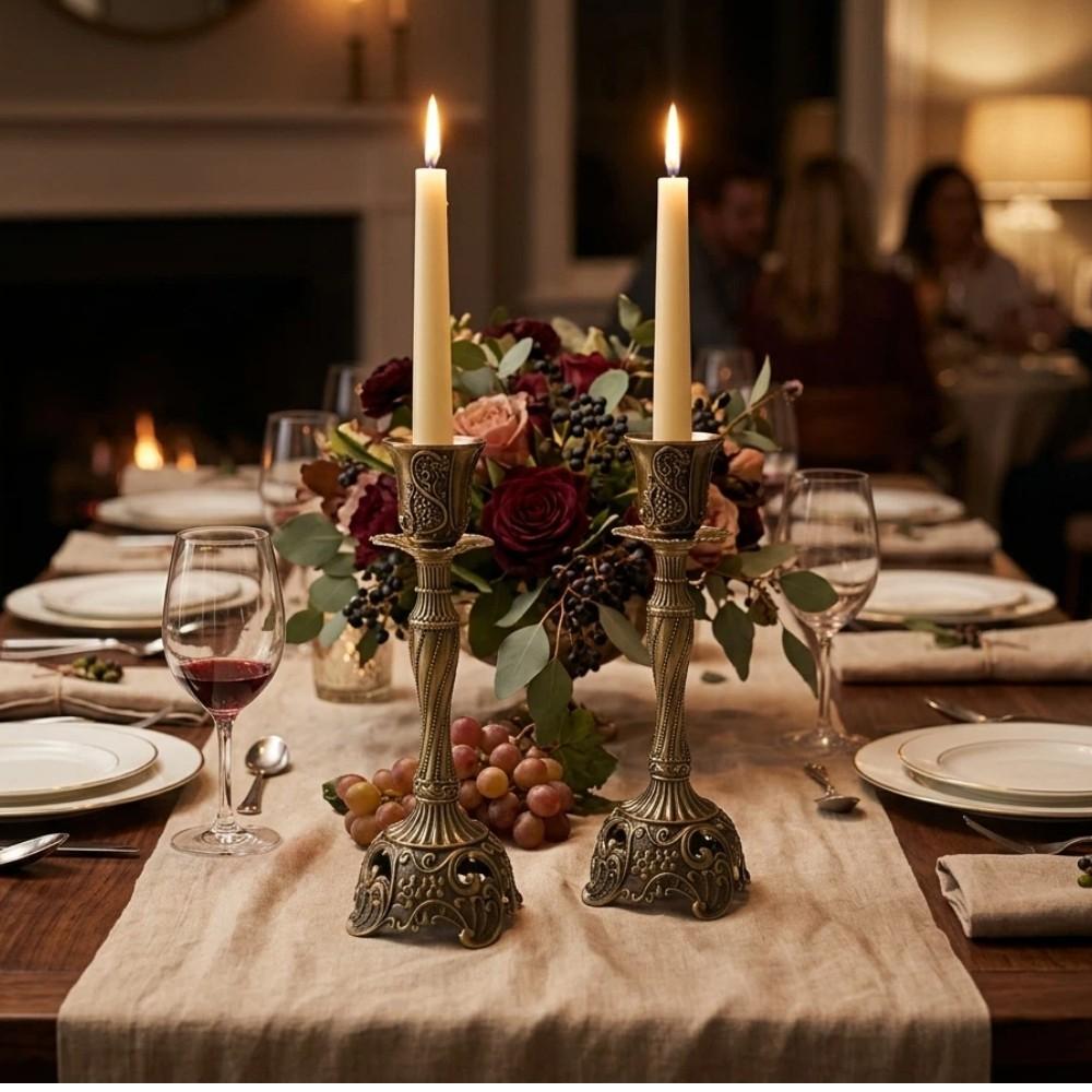 2 Piece Vintage Bronze Candle Holders, 7.4 Inch European Vintage Metal, Centerpiece for Shabbat, Wedding, Christmas, Halloween, Elegant Home Decor