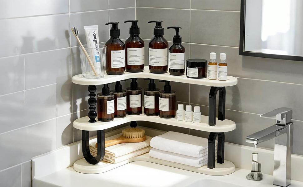 Countertop Organizer Storage Rack, Three-Layer Adjustable Corner Shelf, Ideal for Kitchen Bathroom Spice Rack Coffee Area Sink Top Vanity, Bathroom Organization