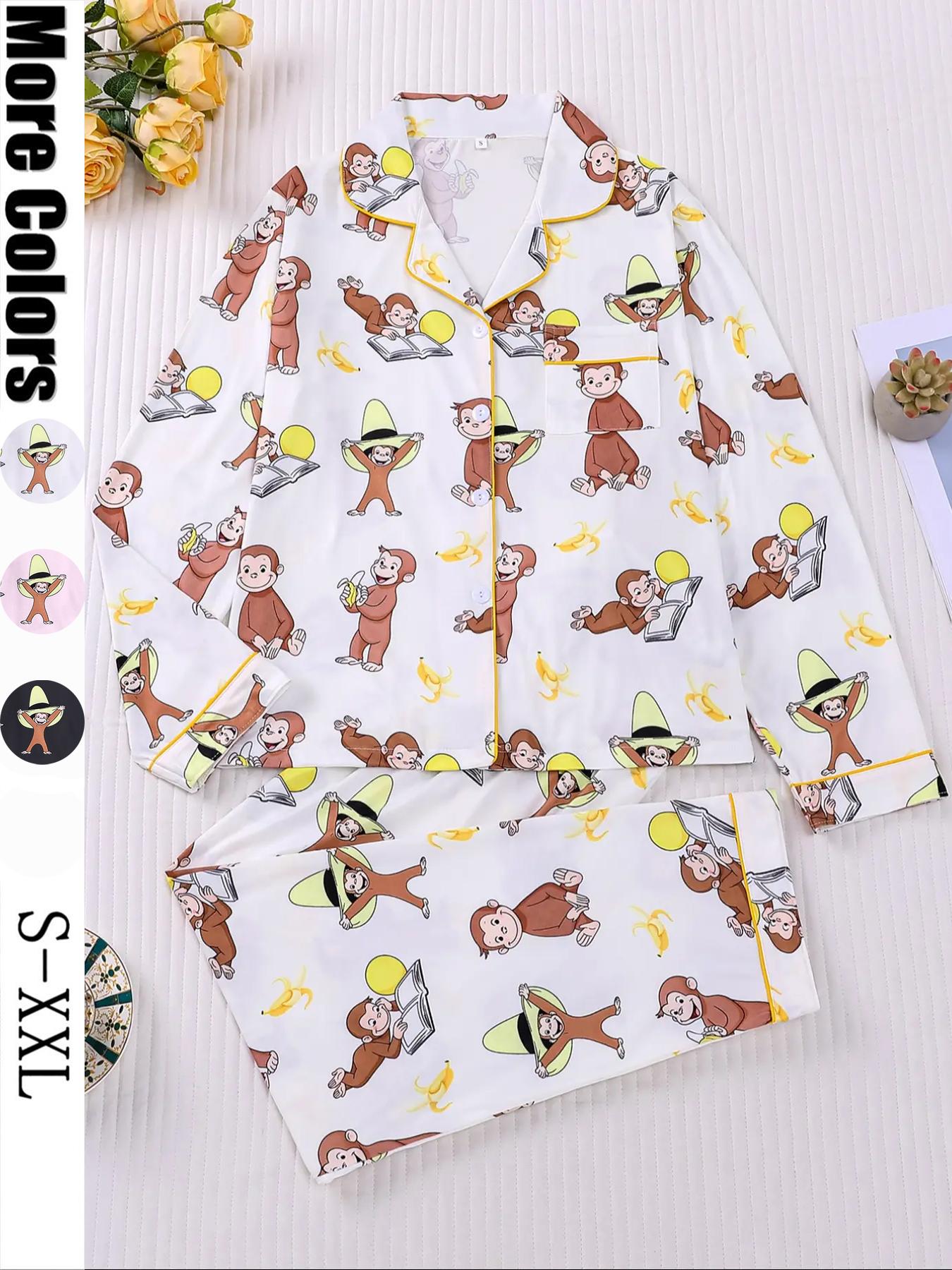 Women's Monkey Banana Print Pajama Set Pjs, Comfortable Long Sleeve Button Shirt & Elastic Pants, Casual Home Wear Loungewear for All Seasons