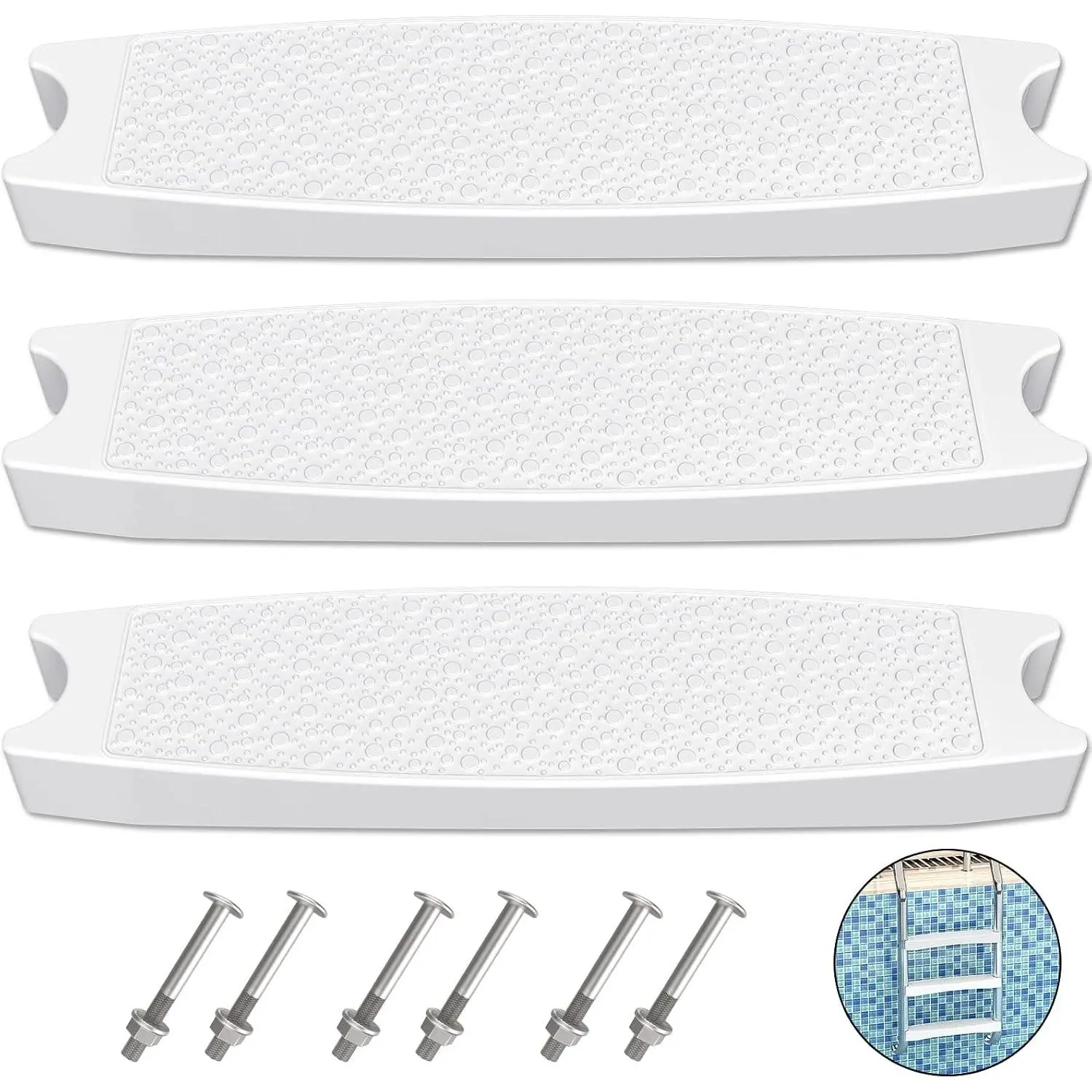 Pool Ladder Steps Replacement, (3-Pack) 18" Universal Heavy-Duty Molded Plastic Swimming Pool Ladder Rung Step with 6 PCS Stainless Steel Bolts for Inground and Above Ground Pools, White