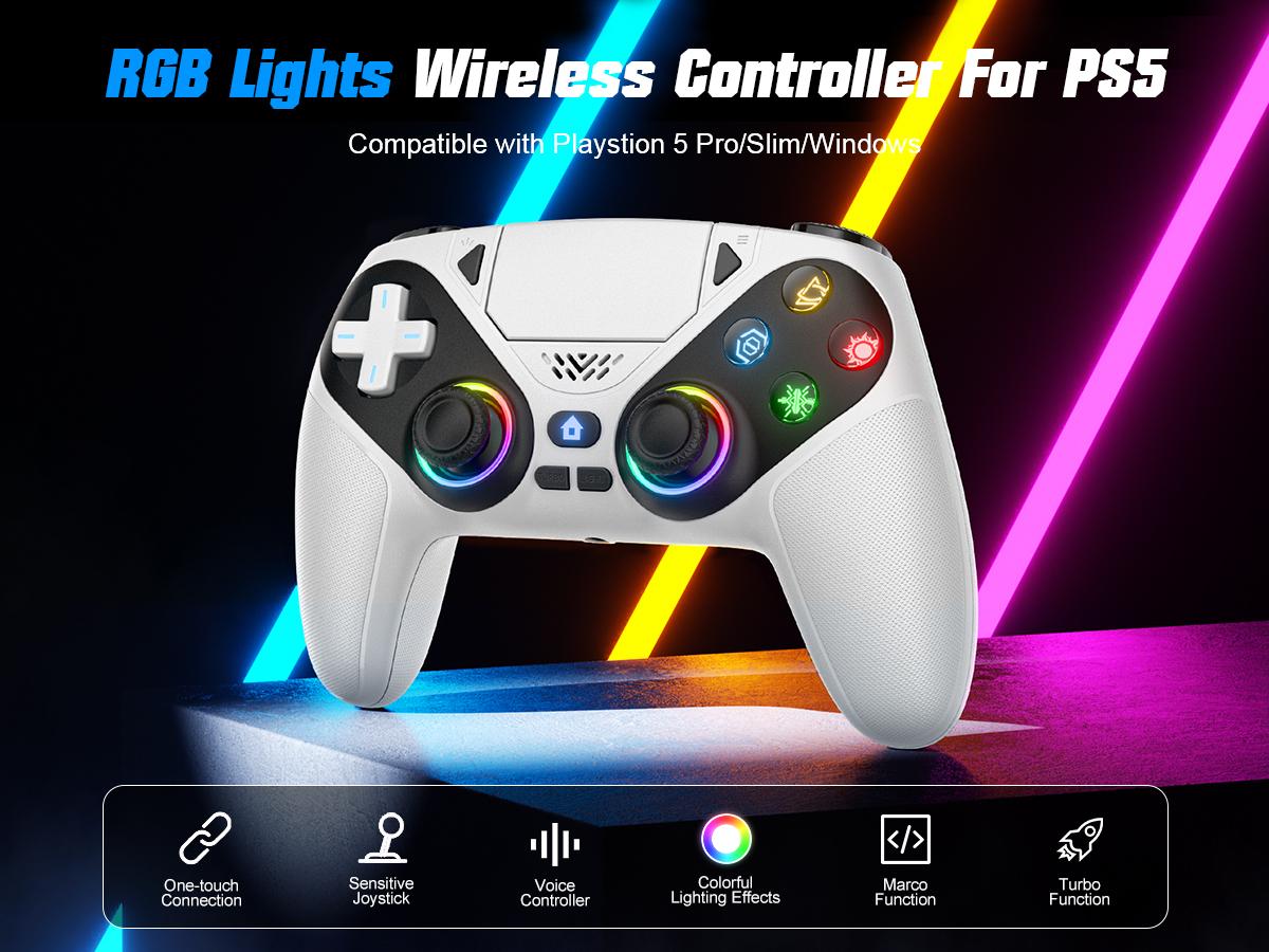 Wireless Gaming Controller Pro for PS5 with LED RGB Light– Compatible with Playstation 5,Dual Vibration, Motion Sensing, Programmable Buttons & 1000mAh Fast-Charging Battery