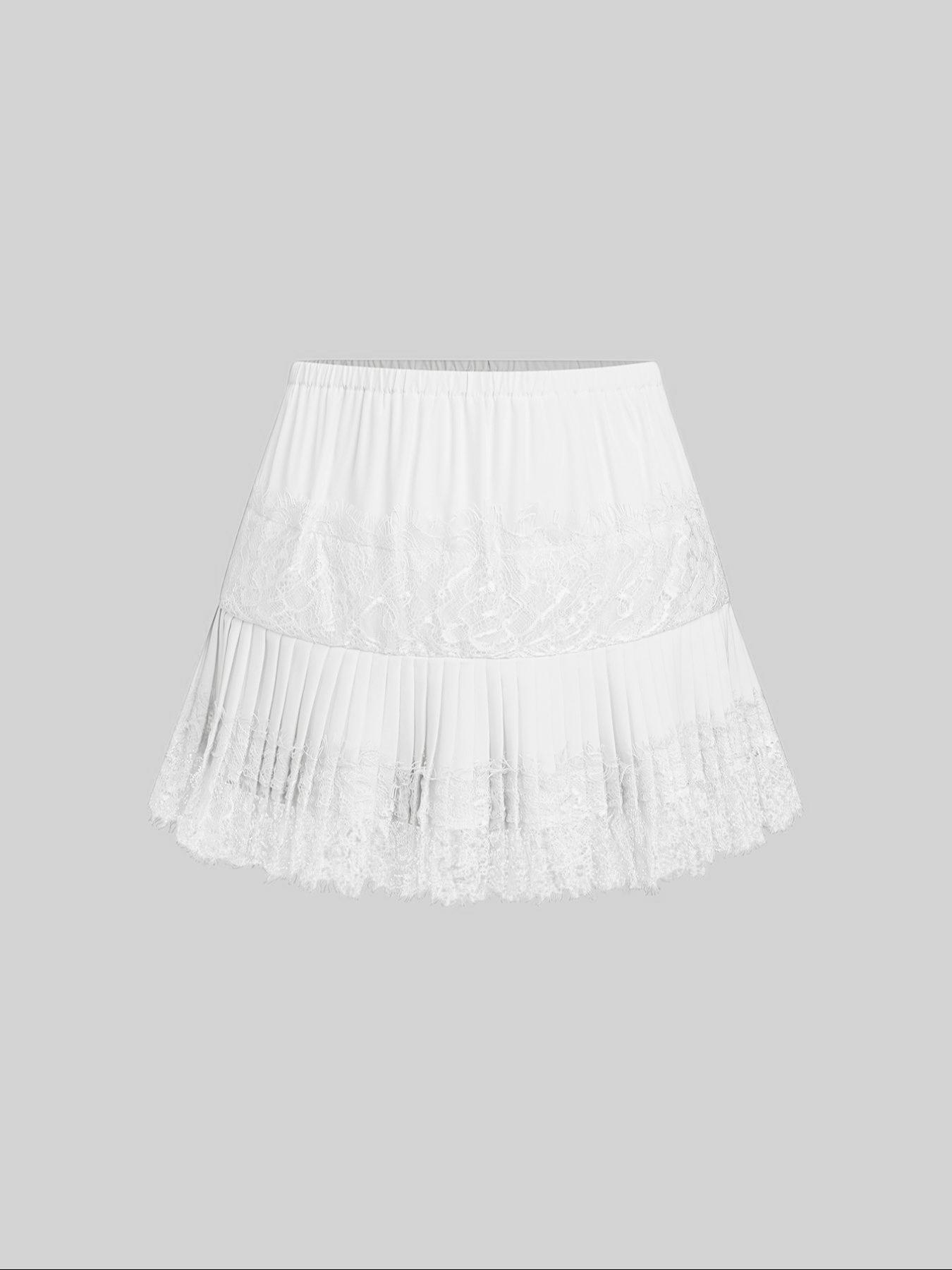 Women's Lace Patchwork Pleated Short Skirt, Feminine Sweet Elegant Style, Show Leg Length, Plain Pattern, S Type Silhouette