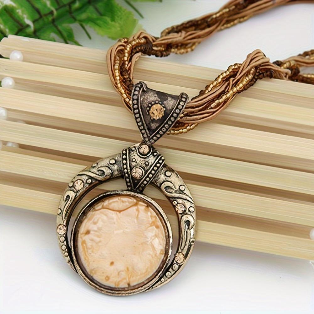 1Pc Elegant Classic Handmade Bohemian Pendant Necklace, Round Faux Gem Alloy Jewelry, Fashion Accessories for Women, Suitable for Party, Festival & All Seasons
