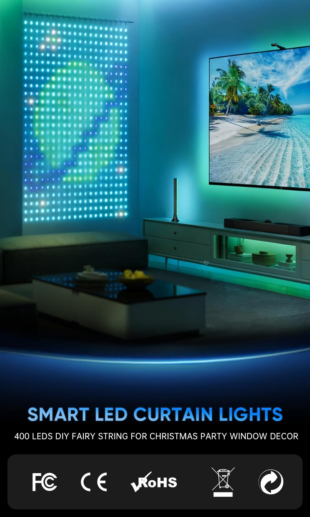 Smart LED RGB Curtain Light, 16 Million Colors, APP Control DIY Pattern & Picture Upload Atmosphere Lamp, IP67 Spherical String Holiday Party Lights For Indoor and Outdoor Window Decoration