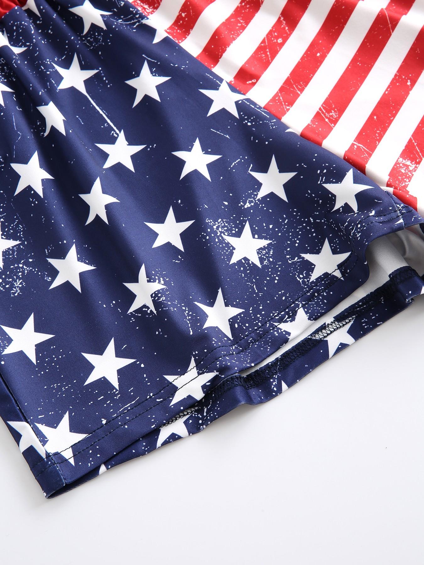 American Vintage Flag Brief Shorts, Y2K Elastic Waist, Loose-Fitting Casual Style, All over Print, Summer Fashion, Youthful Look
