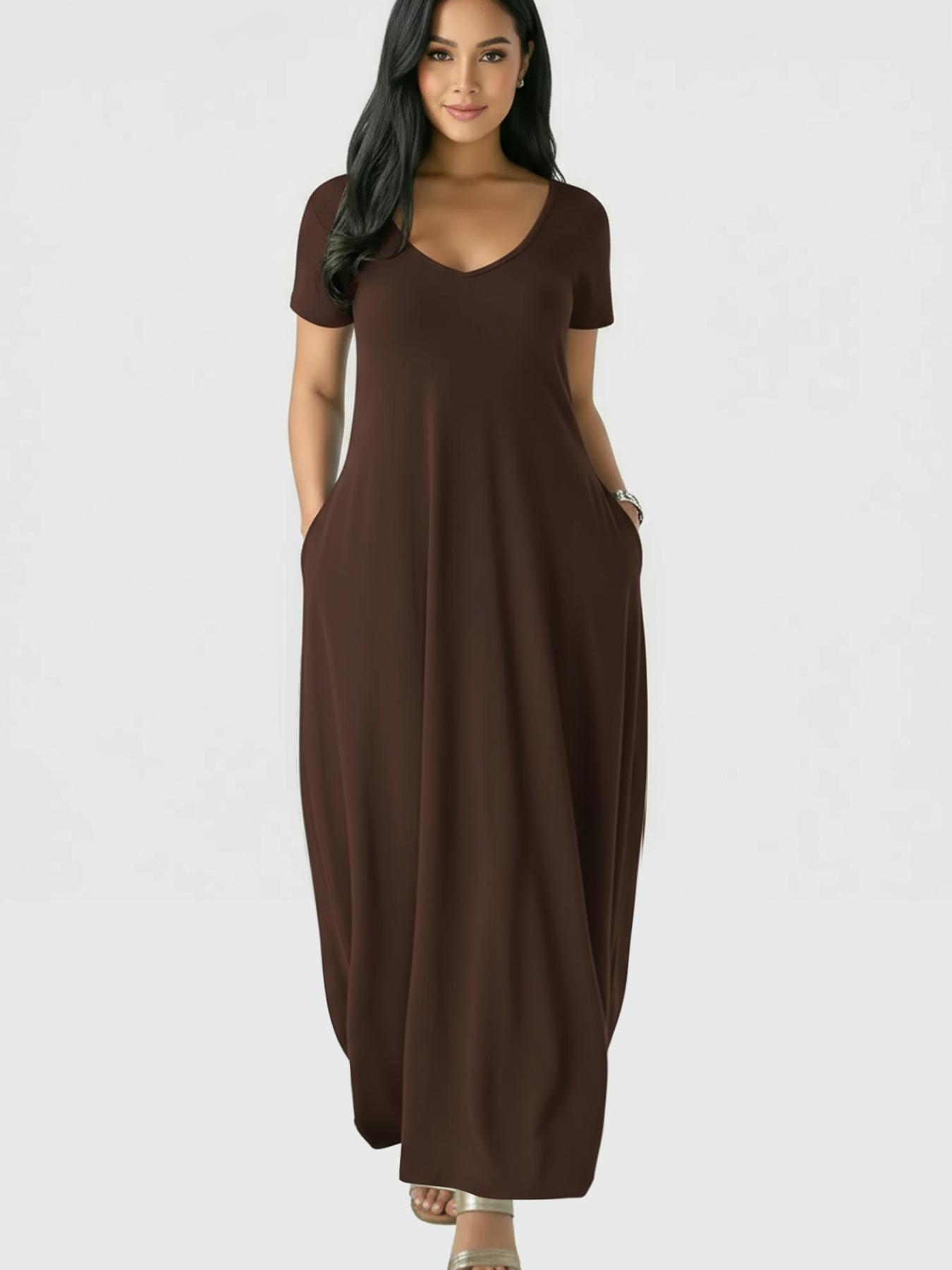 Women's Long Fitted Coffee Dress, Large Round Neck Short Sleeve Pocket Sleepwear, Casual Home Clothing Soft Fabric All Seasons Wear