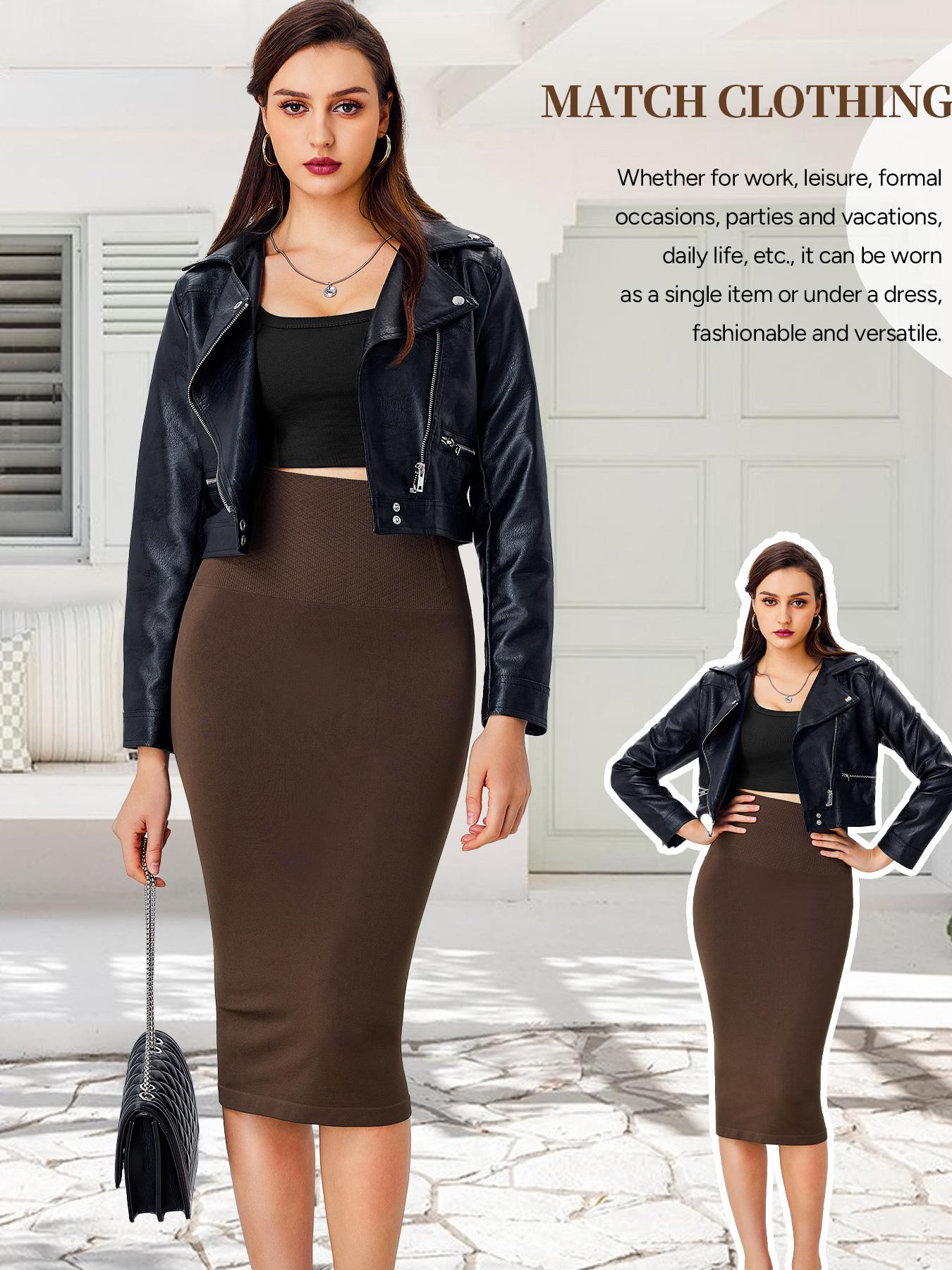 Seamless Shaping Midi Skirt for Women 4 Boned Anti-Roll Waist, Built in Thong, Zero Restraint & Multi-Way Wear, Solid Skirt