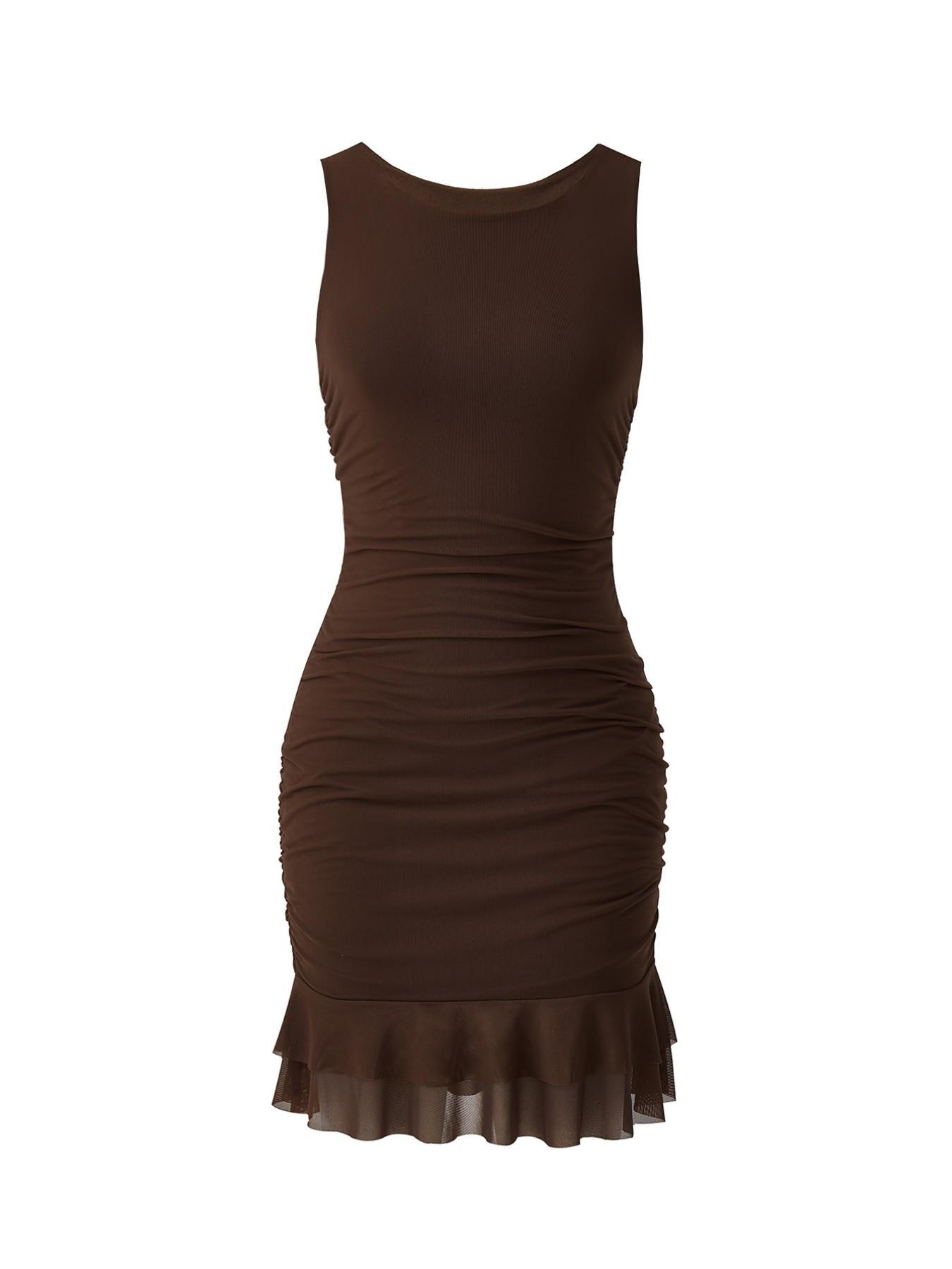 Women's Mesh Sexy Ruched Drawstring Bodycon Boat Neck Mini Dress, Sleeveless Pleated Hem, Club Party Short Gown, Slim-Fitting Fashion