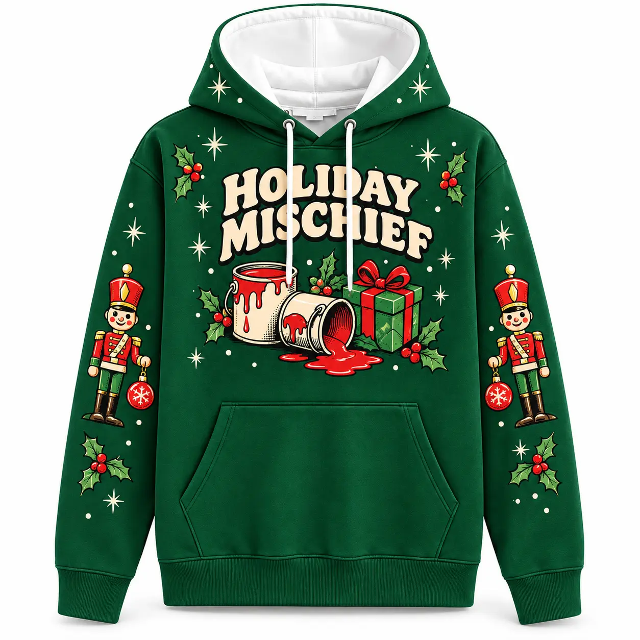 Christmas Graphic Pullover Hoodie, Holiday Mischief and Merry Mayhem Slogans, Festive Gift Box, Spilled Drink, Nutcracker and Snowy Cabin Artwork, Long Sleeve Hooded Sweatshirt with Kangaroo Pocket, Christmas Party Outfit, Winter Streetwear, Holiday Gifts
