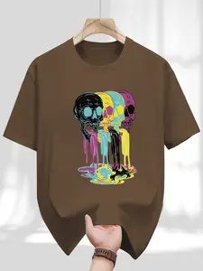 Men's Round Neck T-Shirt, Fashion Colorful Skull Geometric Print, Retro Religious Style, Casual Long Sleeve, Perfect for Daily Wear