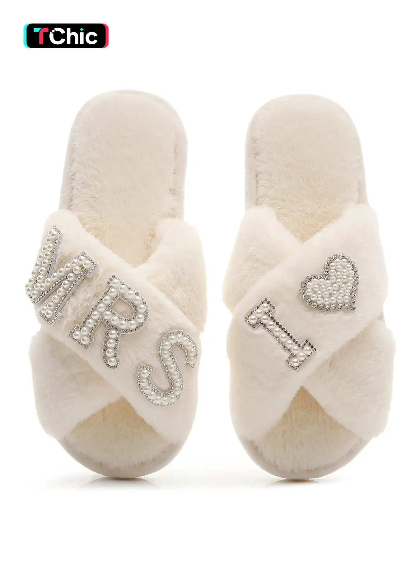 Customizable Wedding Slippers for Bride and Bridesmaids, Elegant X-Strap Fuzzy House Slippers with Pearls and Rhinestones, Casual Indoor Shoes