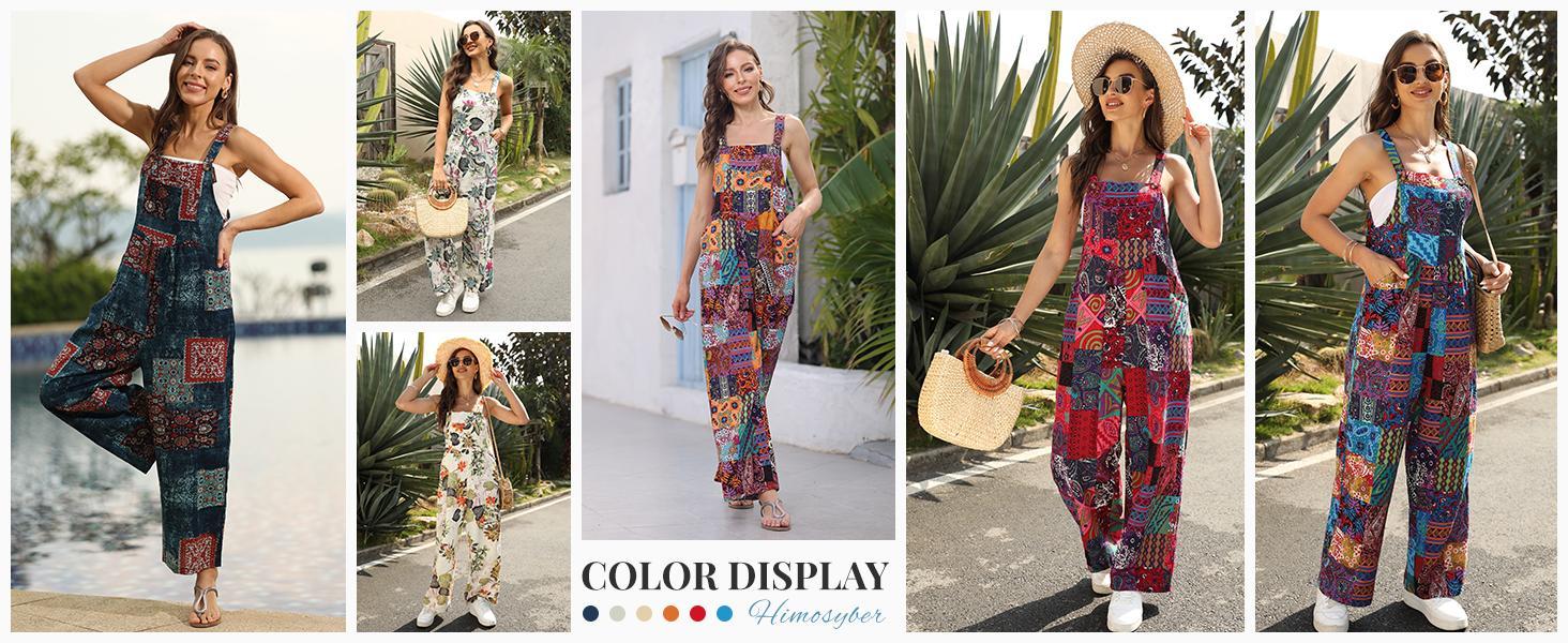 JovenPara Women's Patchwork Dual Pocket Jumpsuit Loose Floral Print Bohemian Wide Leg Bib Overall Womenswear Wideleg Strap Sleeveless
