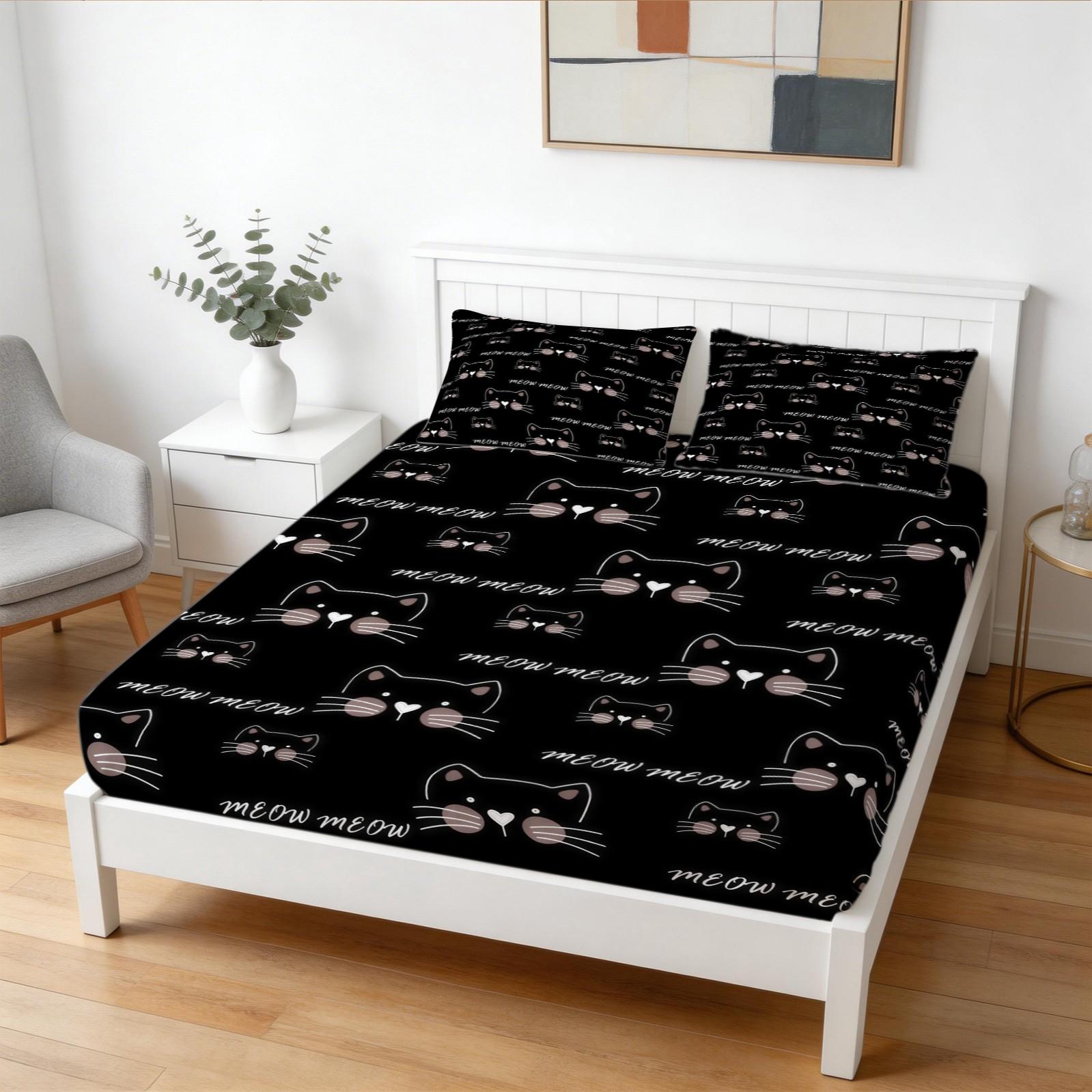 3 Piece Cute Cartoon Cat Fitted Sheet Set, 1 Fitted Sheet + 2 Pillowcases, Soft Skin-Friendly Kawaii Cat Meow Print Bedding, Ideal Gift for Cat Lovers Women Girls Teens Kids