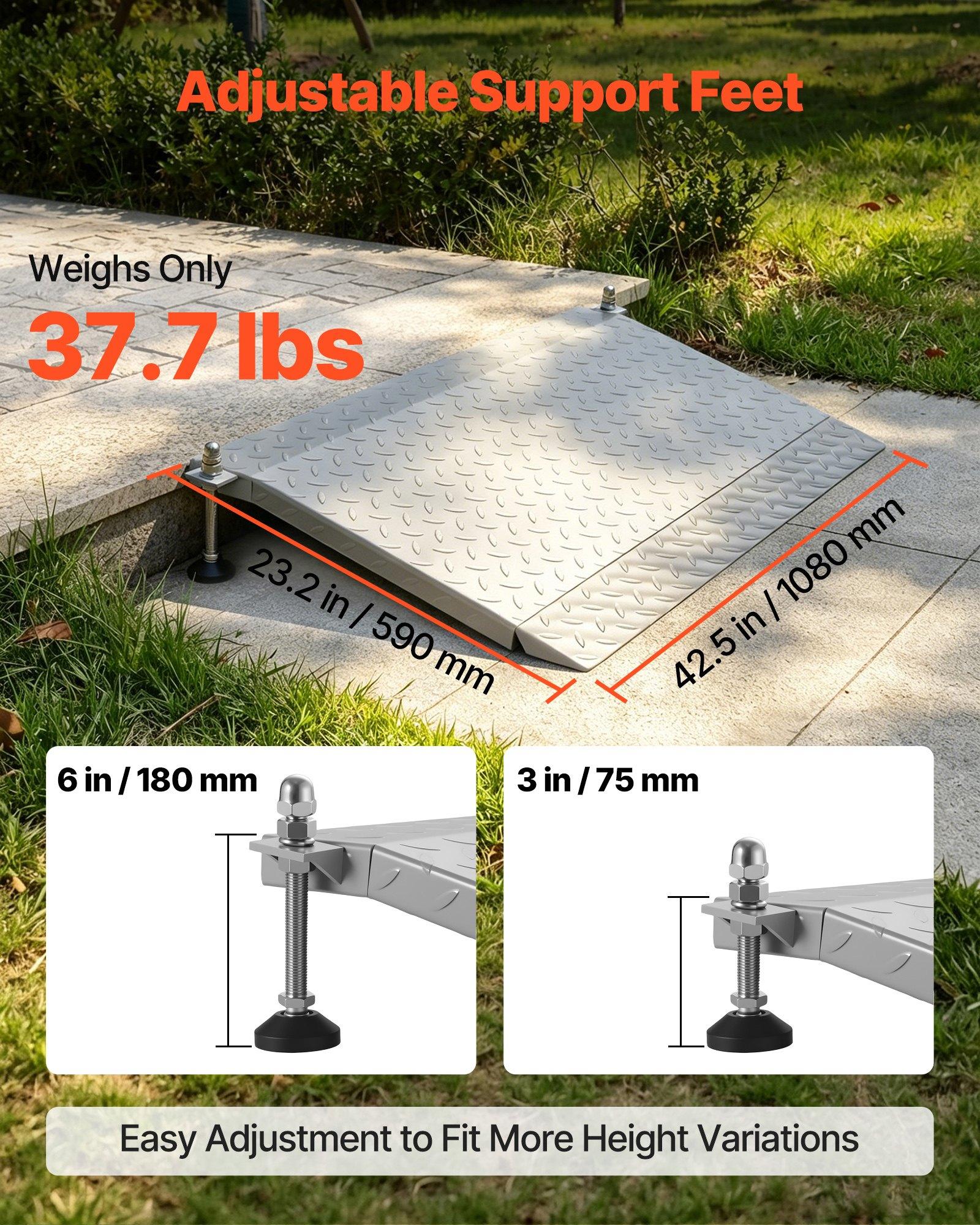 VEVOR Threshold Ramp for Doorways, 42.5 x 23.2 in, Platform Aluminum Wheelchair Ramp with Adjustable Height, Non-Slip Door Threshold Ramps, 1000 lbs Capacity, for Home Steps, Wheelchairs, Walkers VEVOR Threshold Ramp for Doorways, 42.5 x 23.2 in, Platform Aluminum Wheelchair Ramp with Adjustable Height, Non-Slip Door Threshold Ramps, 1000 lbs Capacity, for Home Steps, Wheelchairs, Walkers