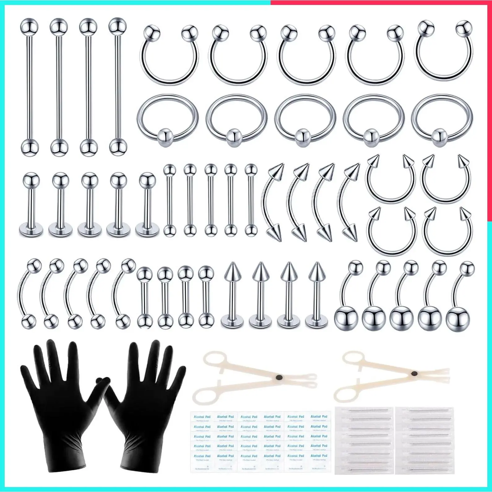 104pcs 14G & 16G Body Piercing Kit with Jewelry for Ear Lip Septum Eyebrow Nipple – Self Piercing Supplies