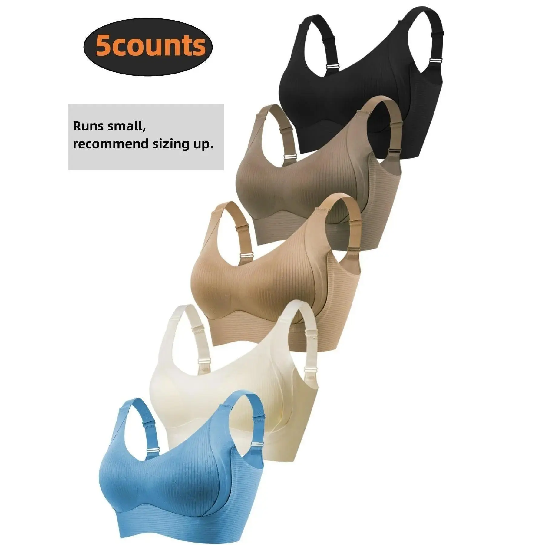 Women's 5-Pack Seamless Bras, Wireless No Underwire Bra Set with Adjustable Straps, Soft Stretch Comfortable Everyday Bralettes for T-Shirts, Work, Yoga, Lounging & Daily Wear