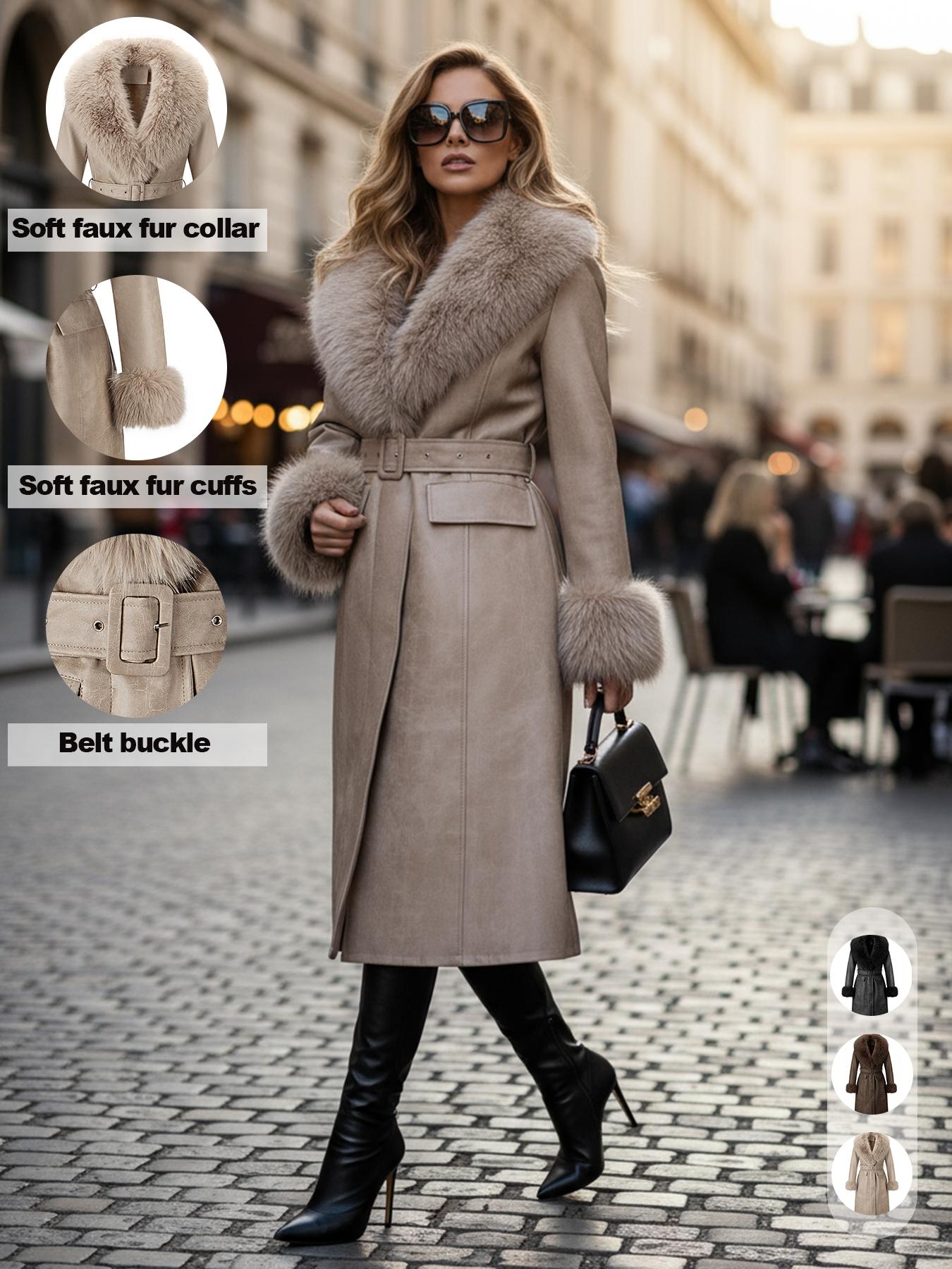 Women's Fall Winter Long Windproof Waterproof Jacket Coat, Comfortable Soft Faux Fur Collar, Thick PU Leather, Slim Fit with Belted Design Outerwear