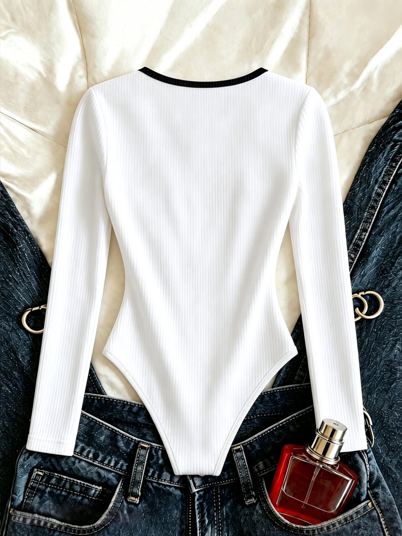 All Season Long Sleeve Bodysuit, Ribbed Knit Garment With Contrast Cutout Neck Tie Bow, Slim Fit For City Shopping Daily Casual Outfits For Young Adult Women