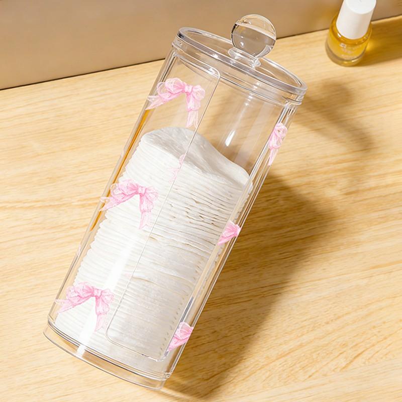 Bow Pattern Transparent Cotton Pad Box, Cylindrical Large Capacity Storage, Washable & Easy to Clean, Ideal for Beauty Tools, Plastic Canister Jar