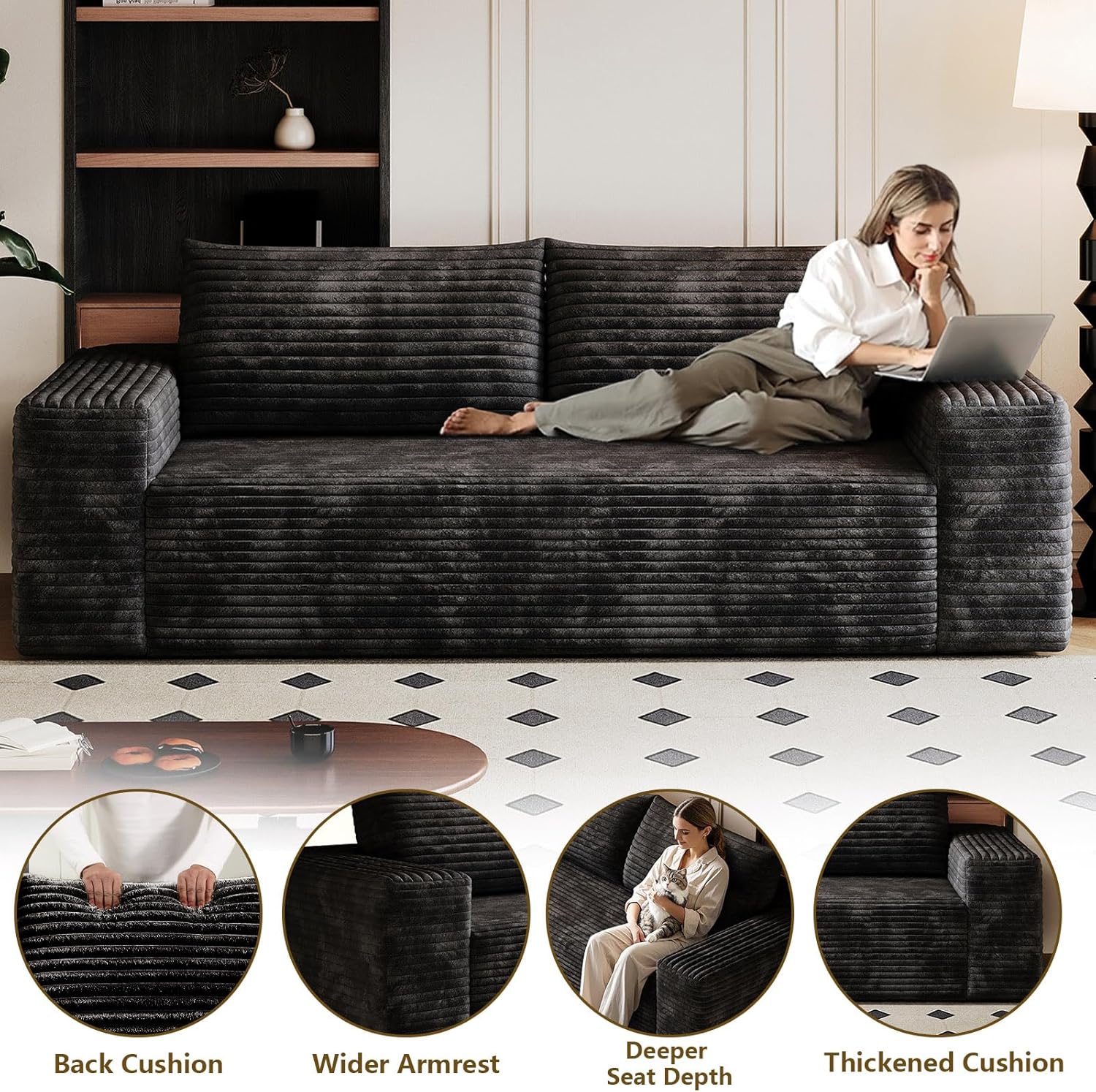 71" Corduroy 3-Seater Sofa, Deep Seat Couch with Pillow, 600 lbs Capacity, No Assembly Required, for Living Room, Apartment, Bedroom (Black)