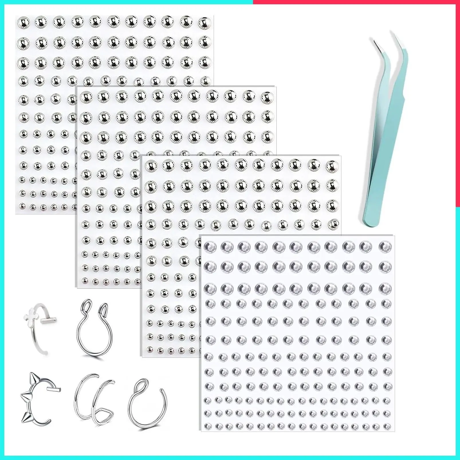 4 Sheets Face Gems Fake Piercings Simulated Stud Stickers, Lip Nose Eye Studs, Gothic Cool Punk Y2K Style, Silver-Plated Rhinestone Halloween Makeup, Sexy Personalized Party Accessories