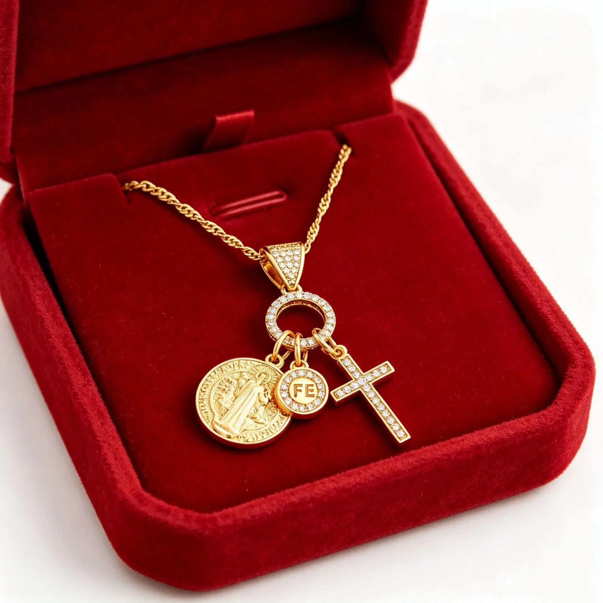 God Vintage Cross Pendant Necklace, St Benedict Medal Charm, FE Faith Coin Design, Retro Religious Amulet, Everyday Meaningful Gift, Classic Layering Accessory