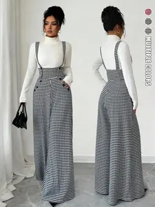 Women's Knitted Houndstooth Plaid Print Belted Pants, Button, Elegant Fall/Winter Fashion, Long Pants with Front Zipper and Pockets, Casual Commuter Wear, Womenswear, Casual High Rise, Fit