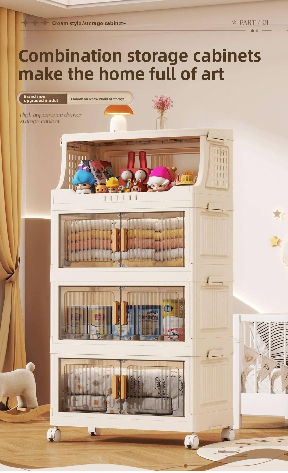 Large-capacity covered multi-tier stackable storage cabinet, wheeled foldable plastic storage cabinet, closet organizer and storage box, decorative cube closet organizer, for living room, bedroom, bathroom, office, dormitory, Space Saving Furniture