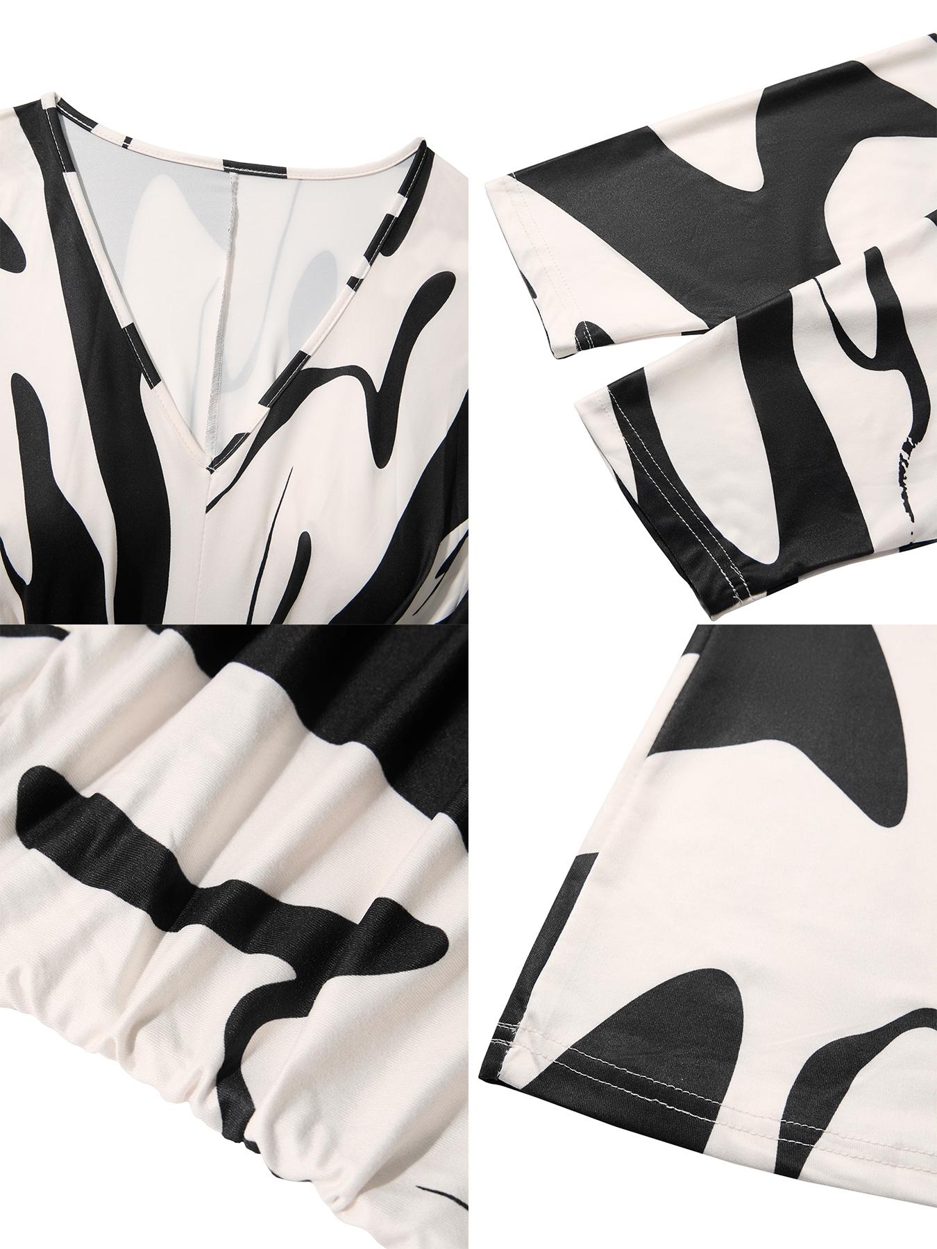 Autumn Elegant Sexy Women's Geometric Print Dress, Plus Size Deep V Neck Batwing Sleeve Ruched Slim Fit Long Dress for Fall Season