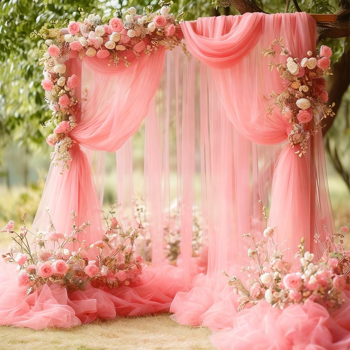 This romantic wedding tulle fabric is lightweight and flowy, creating a beautiful ambiance. Suitable for wedding arches, banquet venues, tent decorations, and can also be used for birthday parties, holidays, and ceiling hangings.