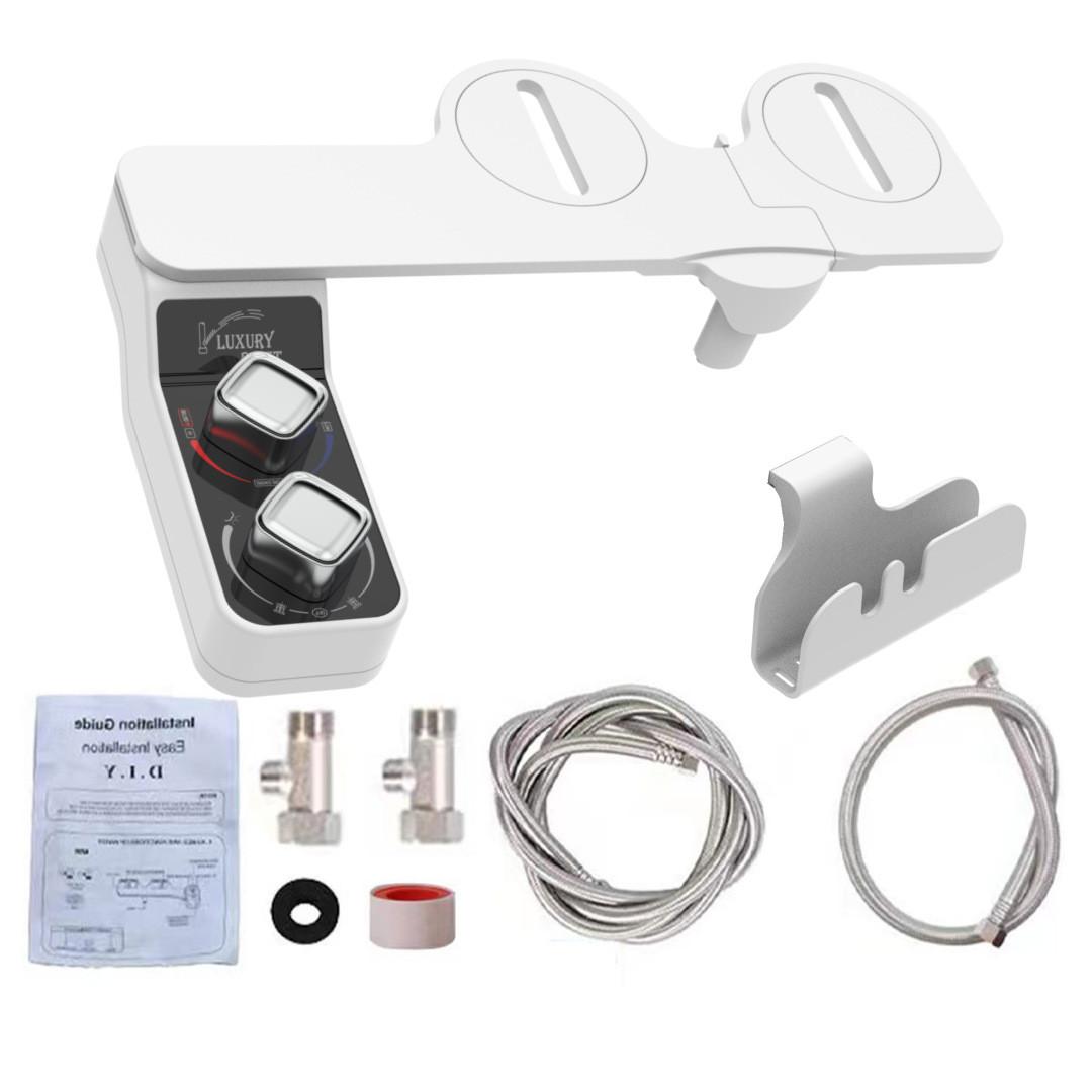 Bidet Attachment for Toilet, Hot and Cold Water, Non-Electric, Self Cleaning, Dual Nozzle, Adjustable Water Pressure, Phone Holder