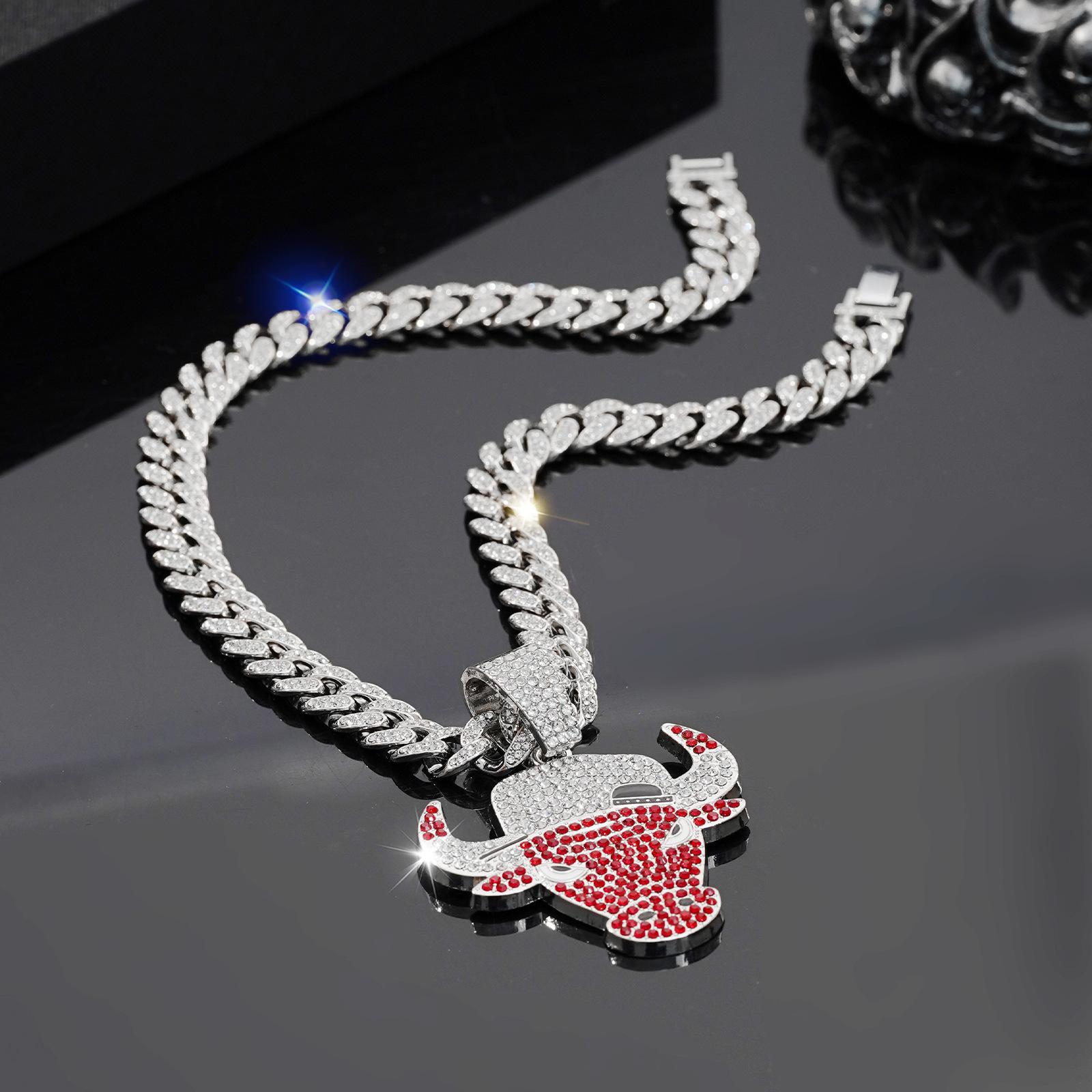 Men Hip Hop Full Diamond Necklace Red Bull Head Pendant Iced Out Cuban Chain Jewelry for Men Boys Gift Fashion Cool Streetwear Accessories