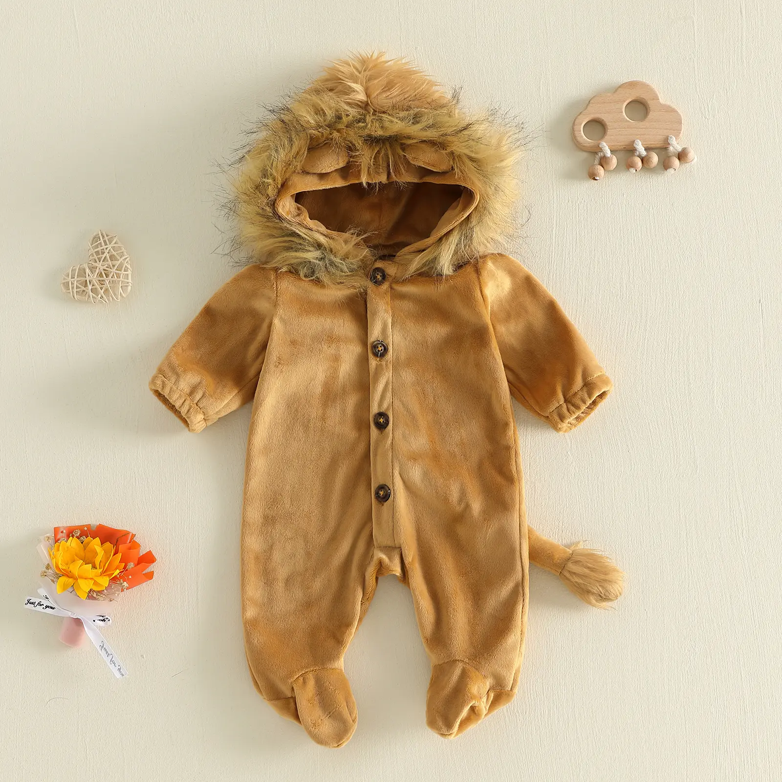 Baby Halloween Polyester Lion Costume Footed Jumpsuit - Long-Sleeve Hooded Romper with Faux Mane, Tail for Infants