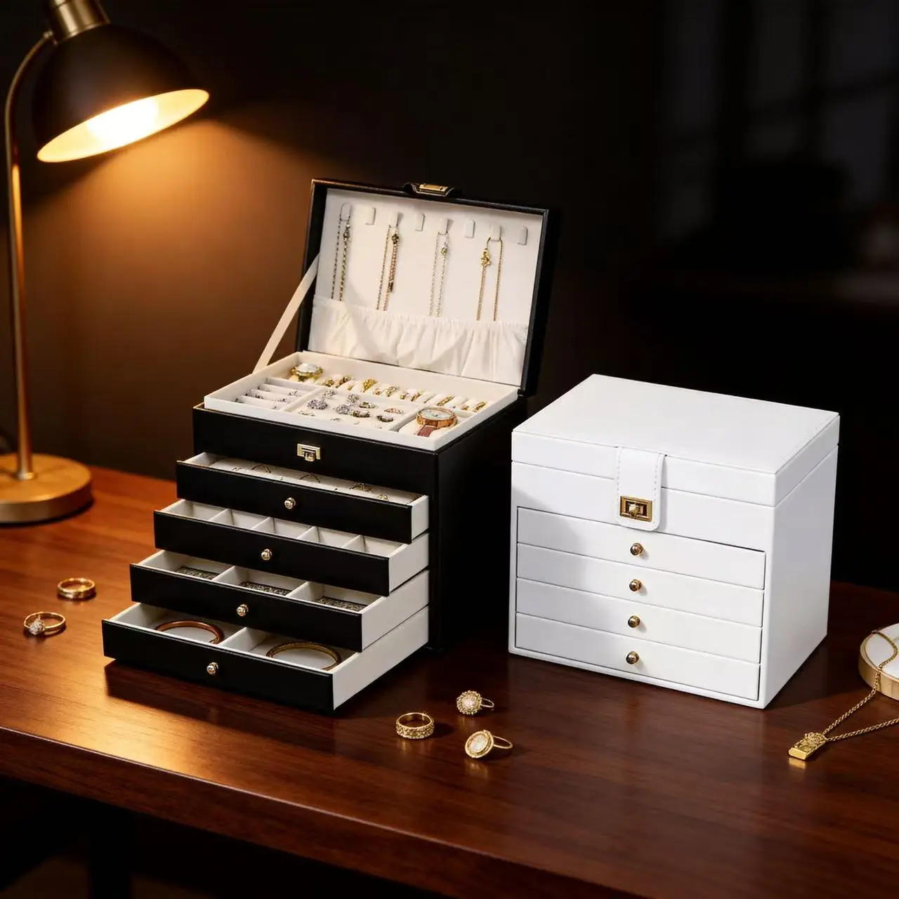 Leather Jewelry Box - Large Capacity Multi-Layer Lockable Organizer with Adjustable Metal Components, Vanity Storage Case for Necklaces, Earrings, Rings, Watch, Ideal Gift for Jewelry Lovers