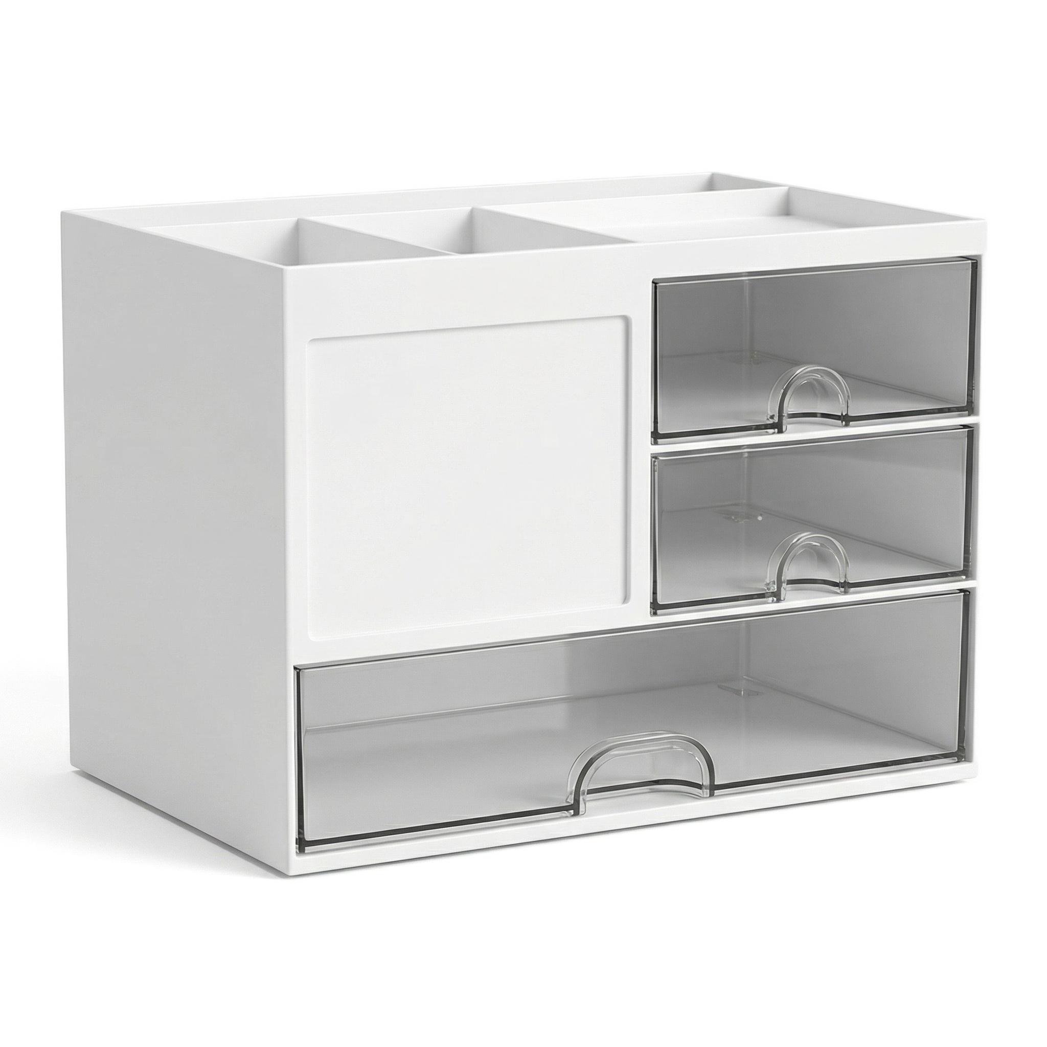 A desktop organizer with three drawers; a multi-functional pencil holder suitable for use in offices or at home; a desktop storage device with 8 compartments; available in white, perfect for storing art supplies in offices or homes.