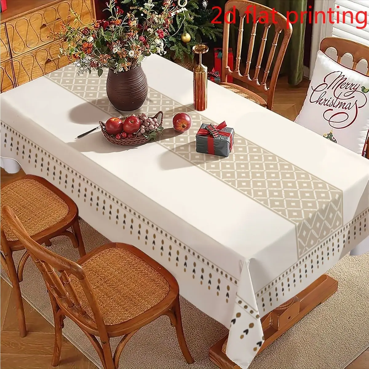 Tablecloth 1 piece 2D flat rectangular tablecloth with simple geometric diamond lines on a beige background, polyester fiber set, durable and easy to clean, simple Nordic versatile atmosphere, tablecloth cushion table tablecloth, suitable for daily dining