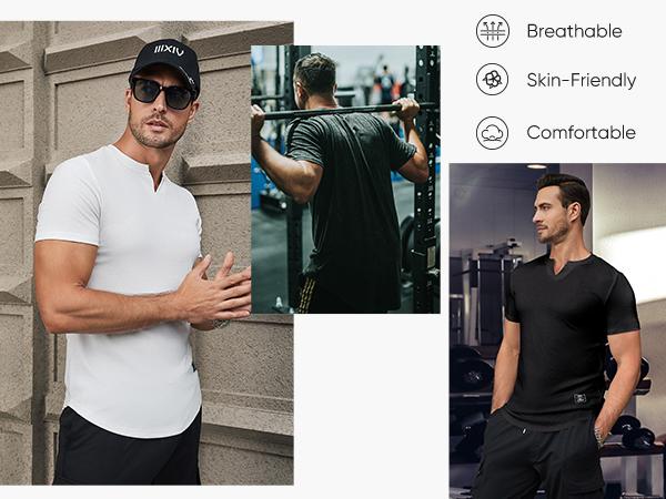 JMIERR Men's Plain Muscle Slim Fitted T Shirt Polyester V-Neck Longline Shirt Gym Workout Athletic Tee Shirts Menswear Casual Tops,Short Sleeve T-Shirt for Daily Outdoor Wear,Men's Streetwear Outfits