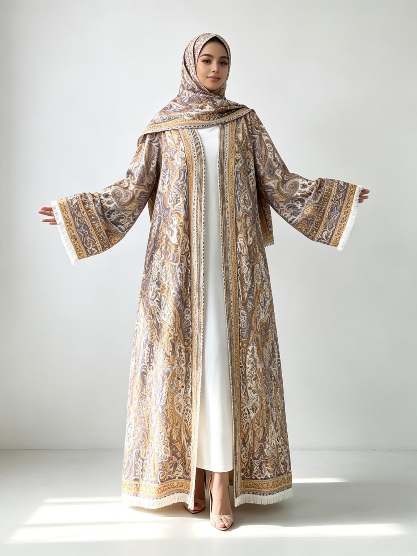 [ Includes Hijab]  Printed Abaya Set, Polyester Fabric, Wrinkle-Resistant, Wide Sleeves with Fringe, Available in 5 Sizes#PashminaAbaya #PolyesterAbaya #PrintedAbaya #TwoPieceAbaya #HijabFashion