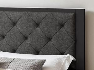 HOOMIC Twin/Full/Queen/King Upholstered Metal Bed Frame - 【Frame Only No Mattress】Finely Stitched Headboard in Faux Leather/Linen, Robust Noise-Free Design, Black/Dark Grey, #TikTokShopBacktoSchool