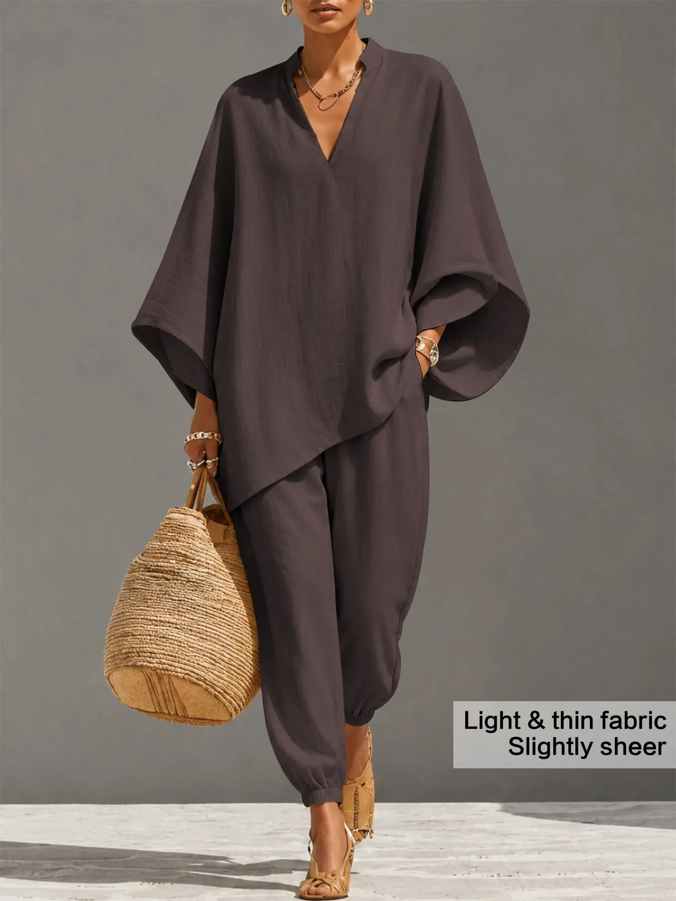 Women's Loose Fit Casual Two-Piece Set, Batwing Sleeve Blouse and Drawstring Pants, Comfortable Travel, Ankle-Length Long Top